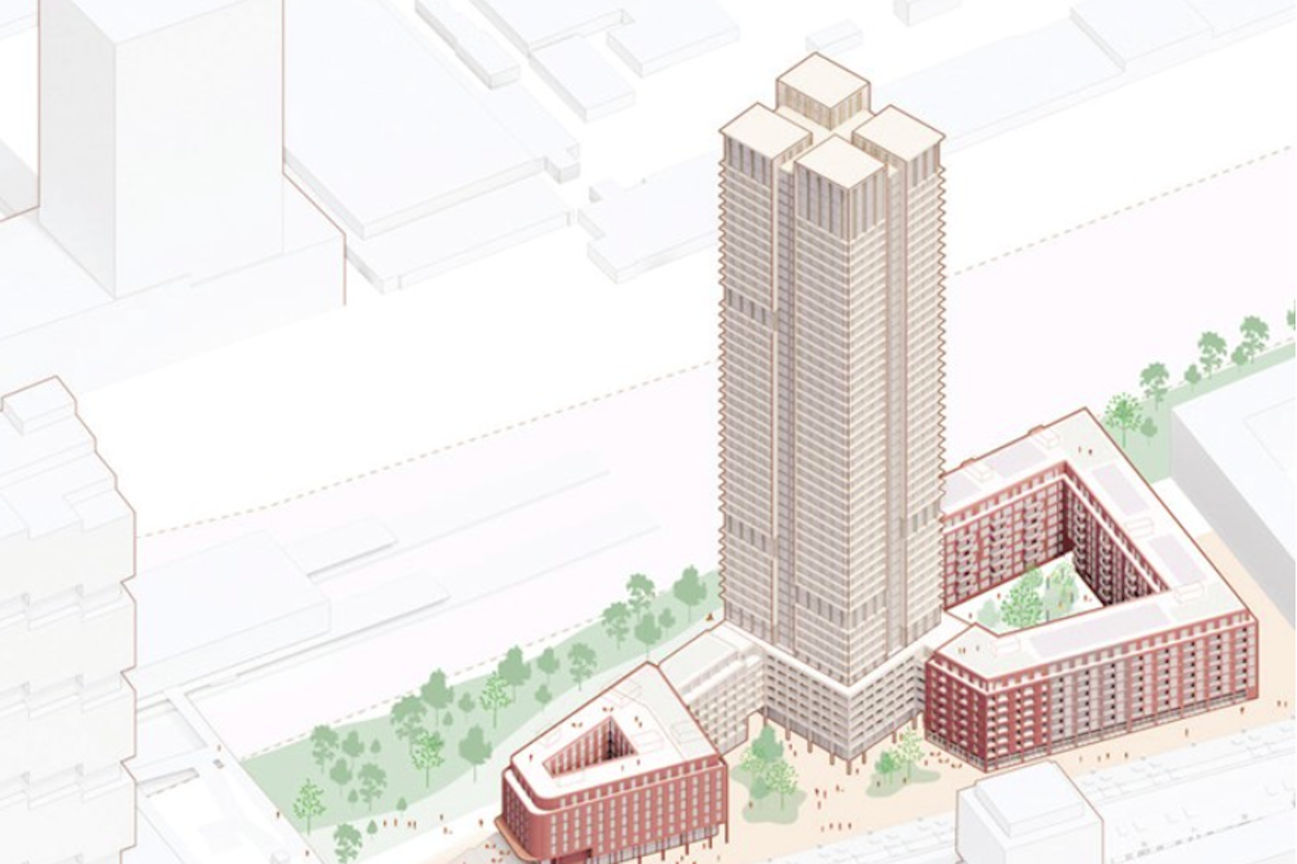 Ein Modell des geplanten Projektes, das direkt am Bahnhof Warschauer Straße entstehen soll.