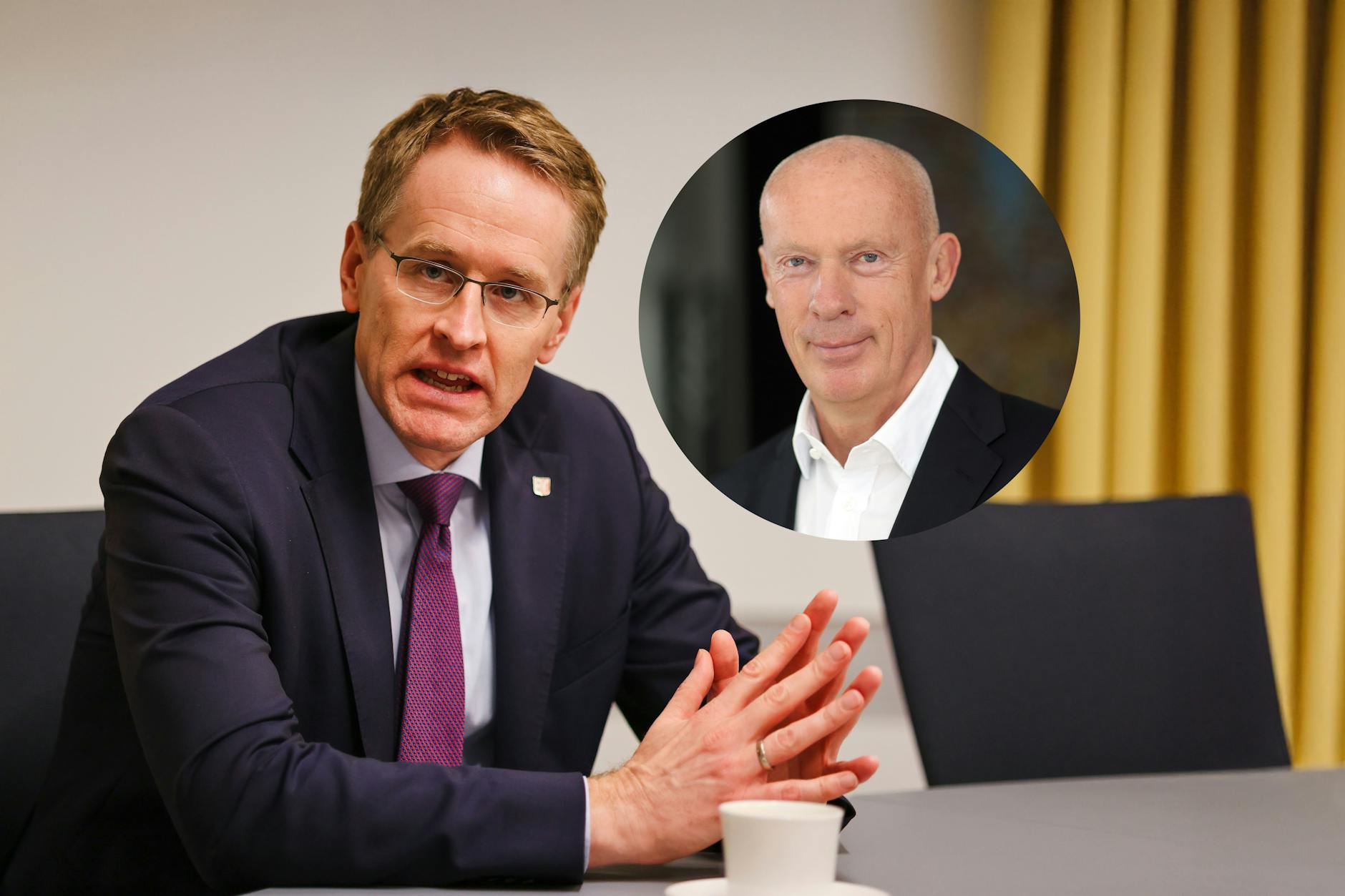 Daniel Günther (CDU), Ministerpräsident von Schleswig-Holstein, spricht während eines Interviews. Kleine Foto: Anwalt Joachim Steinhöfel