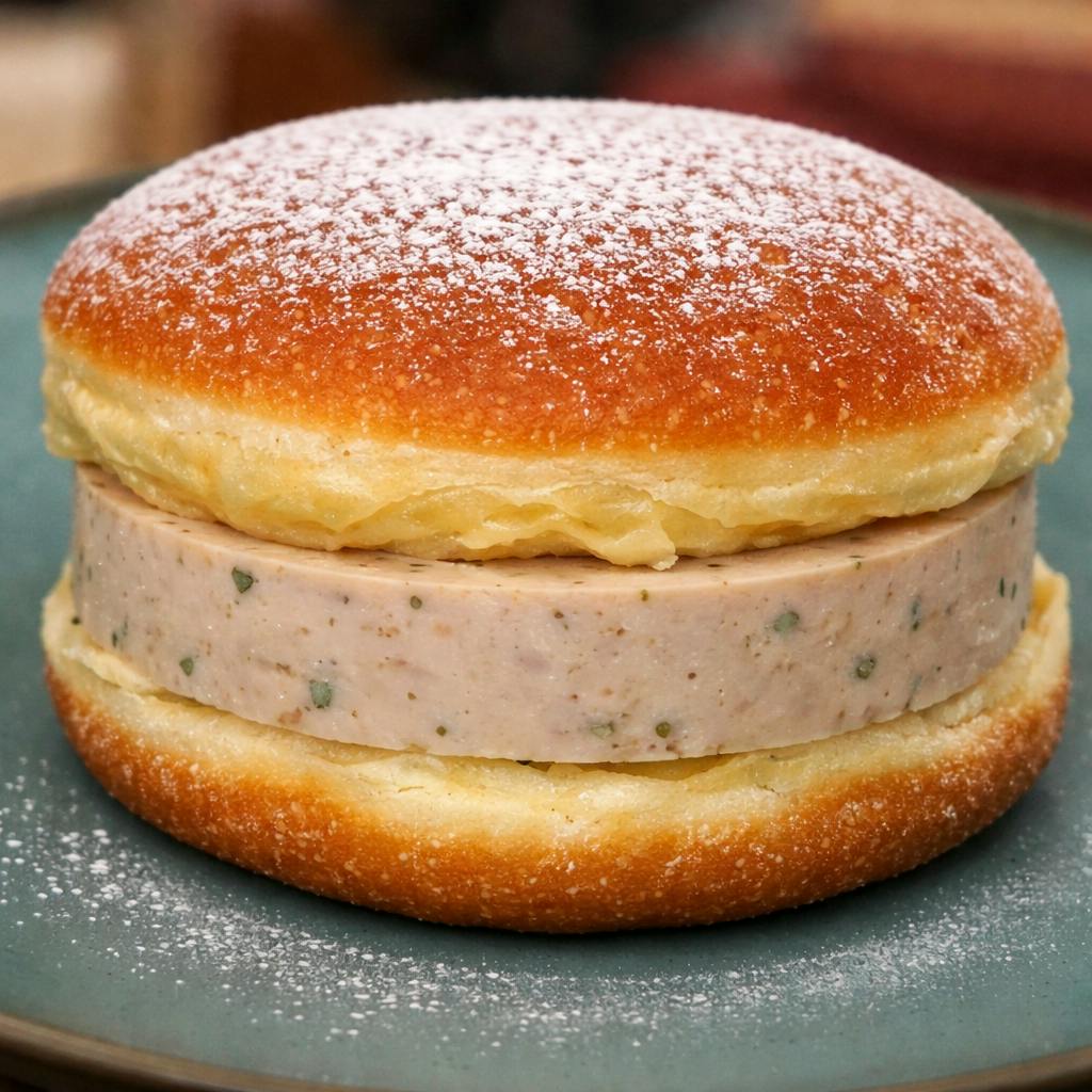 Der Pfannkuchen wird aufgeschnitten und mit einer dicken Scheibe Weißwurst gefüllt. Dazu kommt ein Klecks süßer Senf.