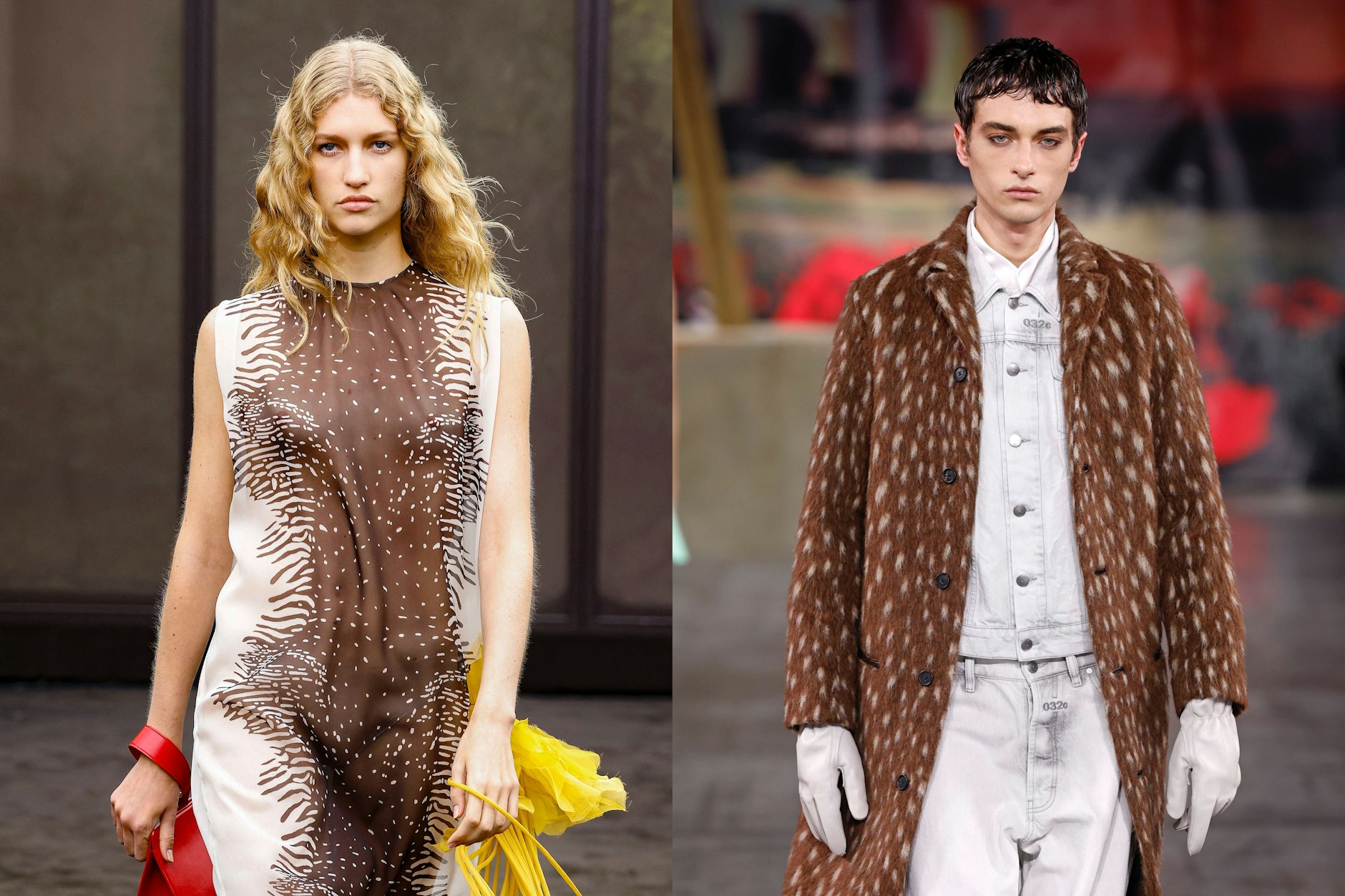 Rehkitz-Muster auf den Laufstegen von Ferragamo SS26 (links) und 032c AW25/26.