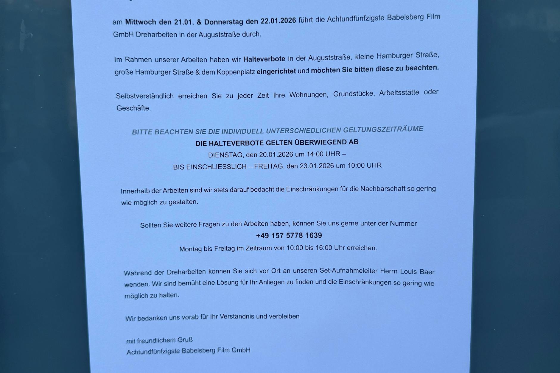 Mit diesem Schreiben werden die Anwohner in Berlin Mitte auf die Dreharbeiten hingewiesen.