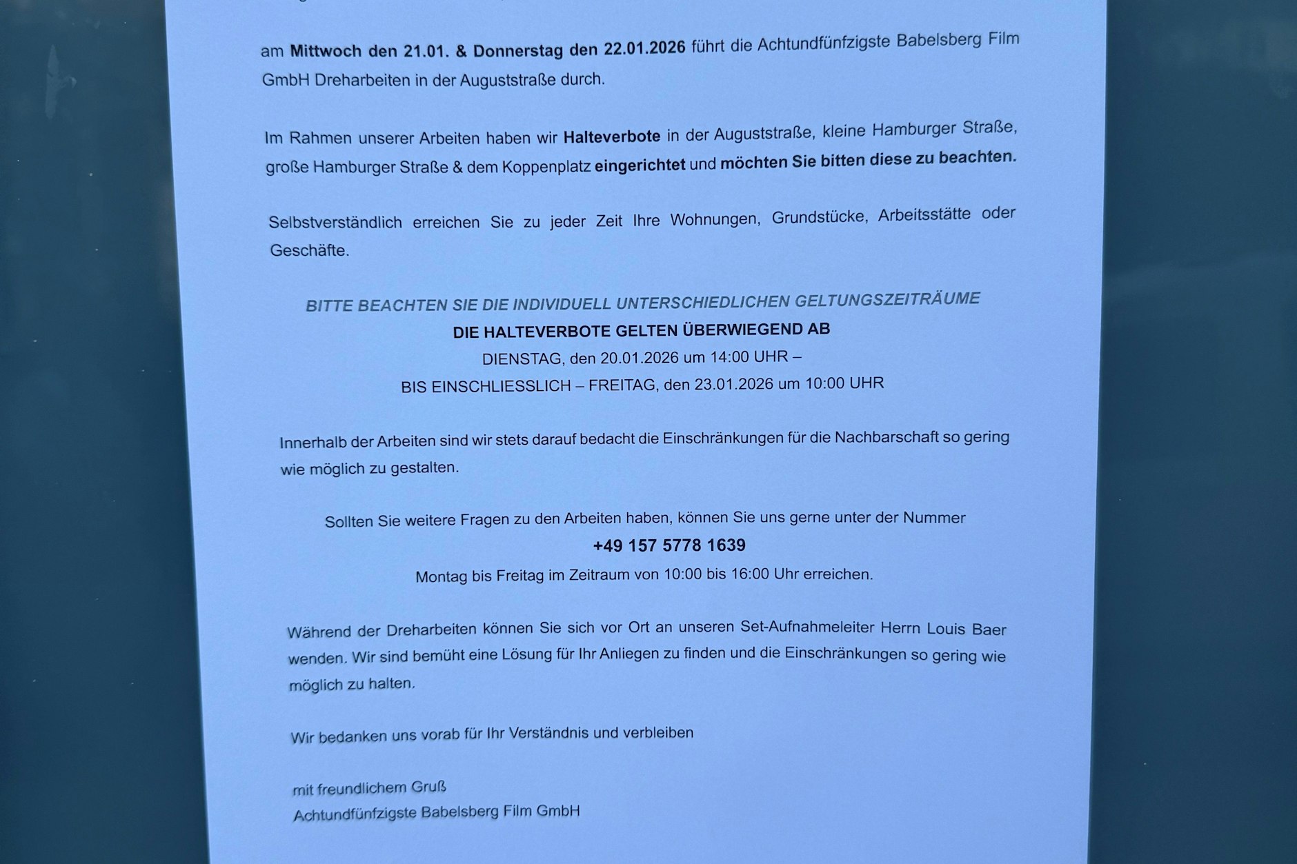 Mit diesem Schreiben werden die Anwohner in Berlin Mitte auf die Dreharbeiten hingewiesen.