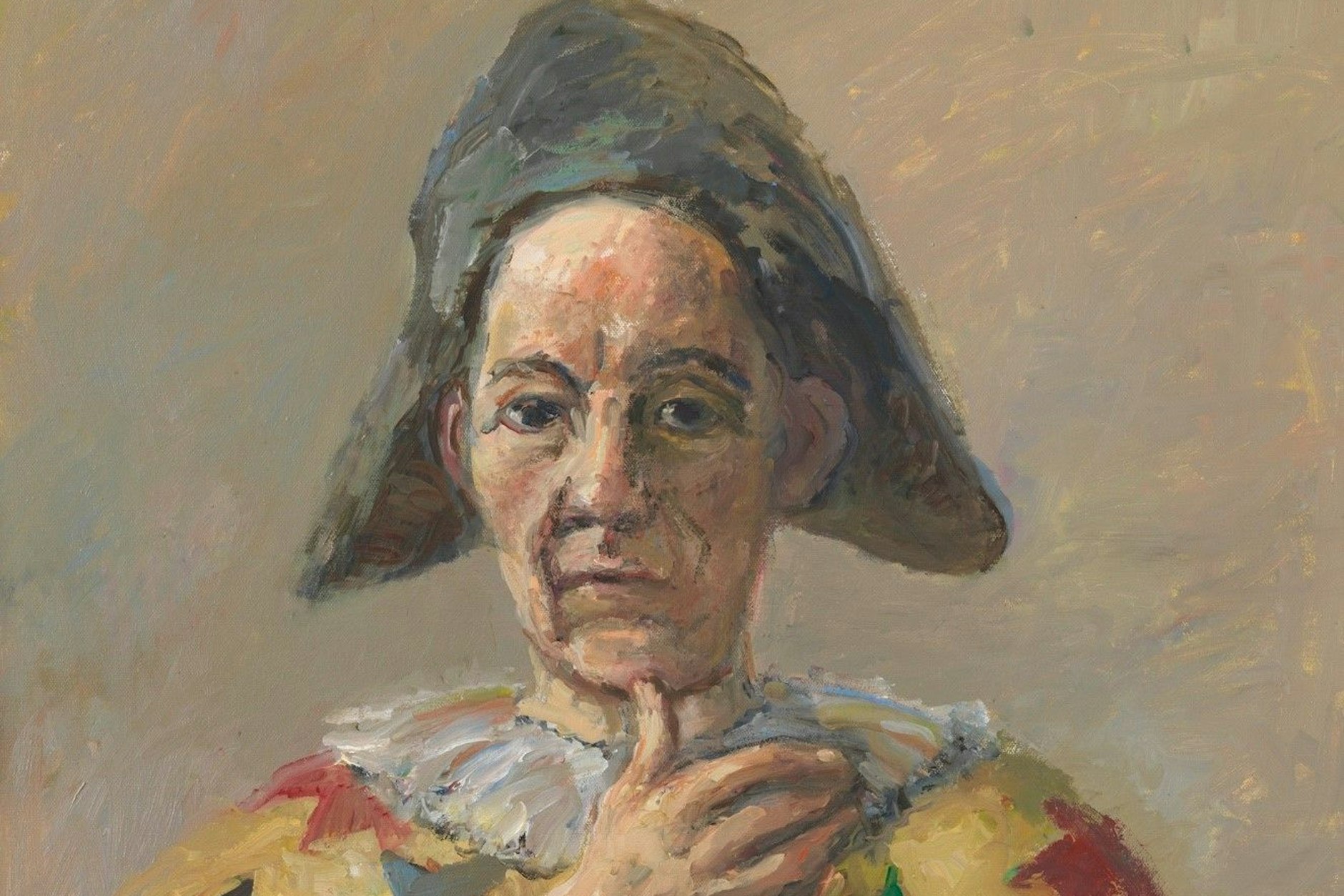 So malte Harald Metzkes sich selbst 2023 als alten Harlekin, Öl/Lw.