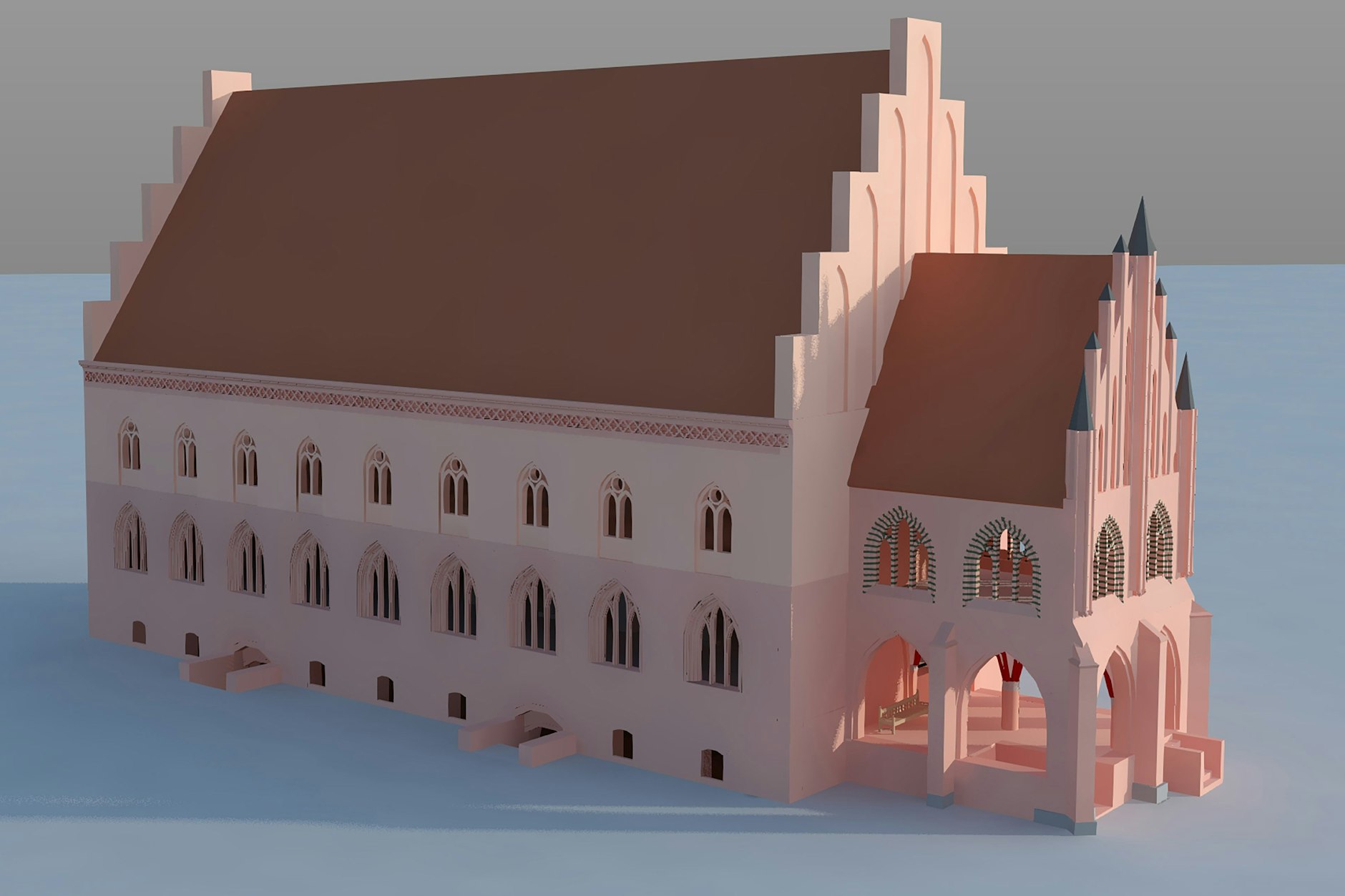 Das Alte Rathaus von Berlin, erbaut nach 1300, so wie es die Archäologen nach umfangreichen Ausgrabungen rekonstruiert haben. Rechts die Gerichtslaube, die beim Rathausabriss in den Babelsberger Schlosspark umgesetzt wurde.