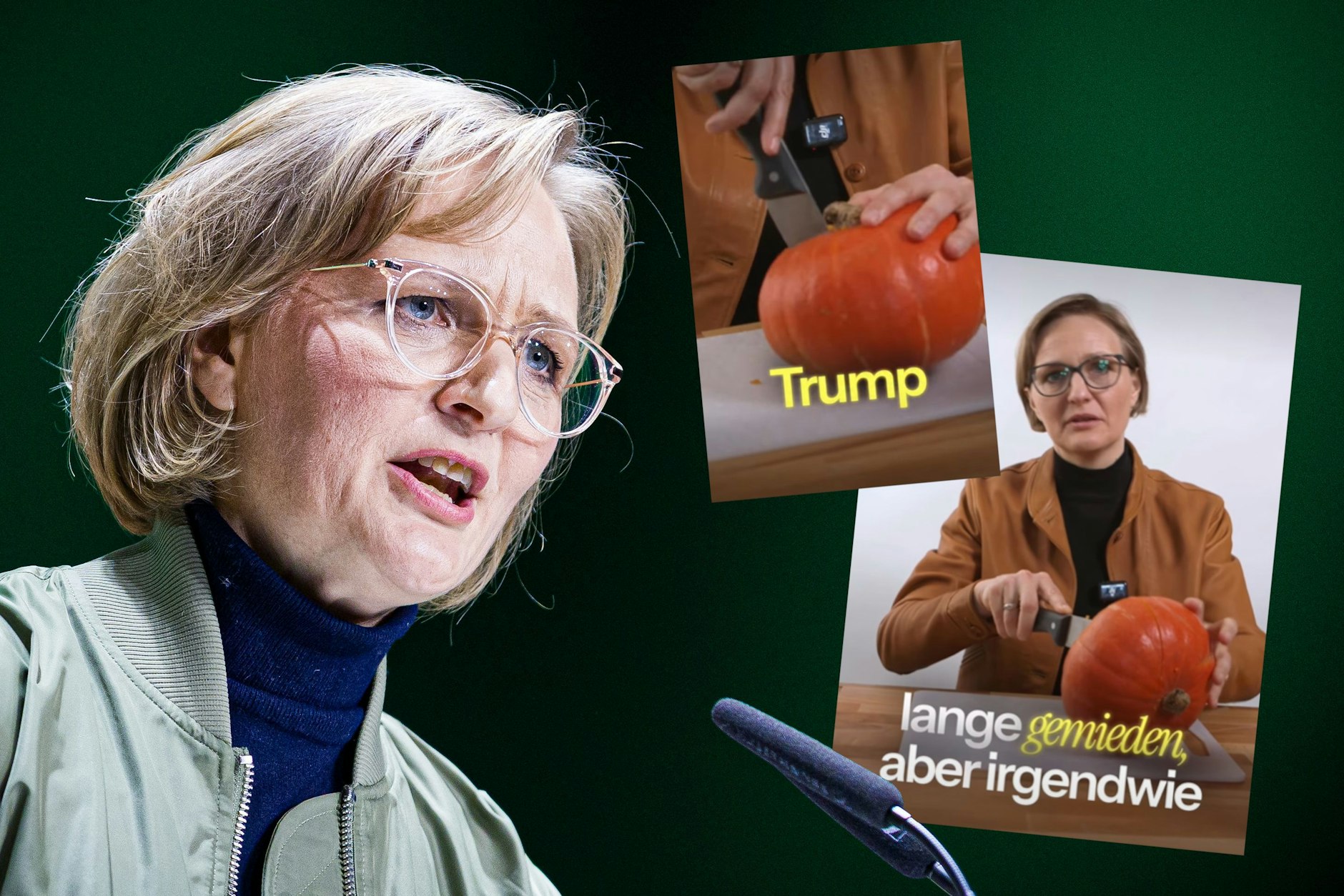 Was macht Grünen-Chefin Brantner da mit einem Messer beim Thema Trump?