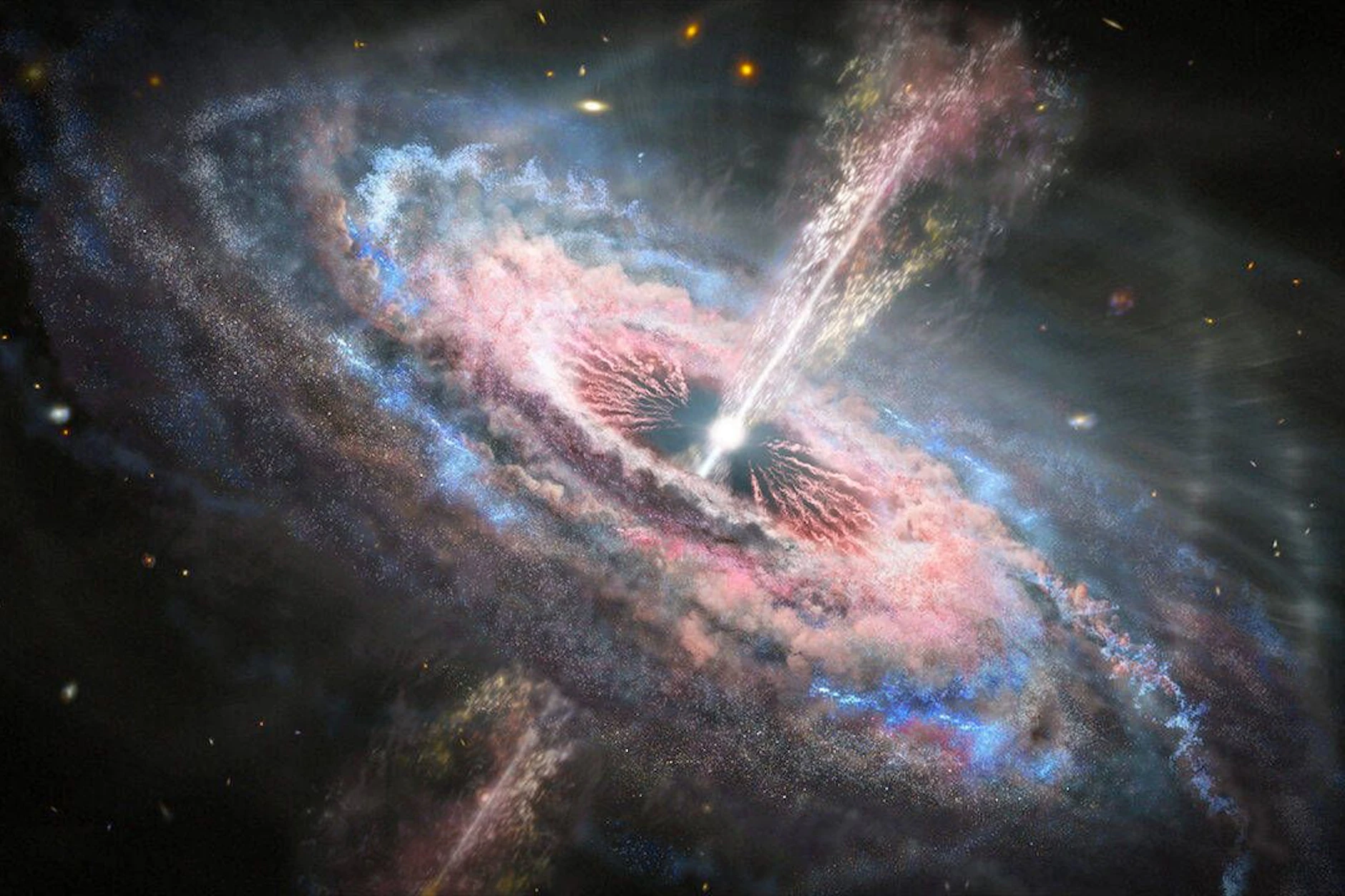 Illustration einer fernen Galaxie mit einem aktiven Quasar in ihrem Zentrum