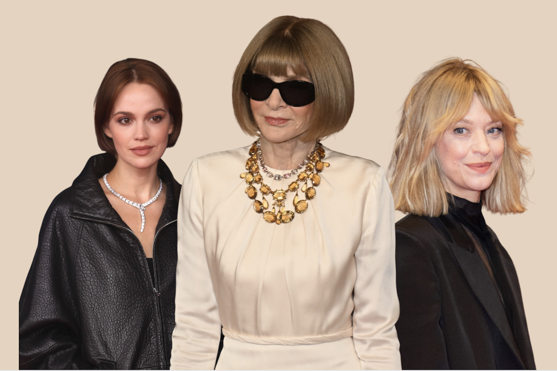 Von kurzem Bob bis zur längeren, messy Variante (v.l.): Emilia Schüle, Anna Wintour und Heike Makatsch setzen auf klare Kante.