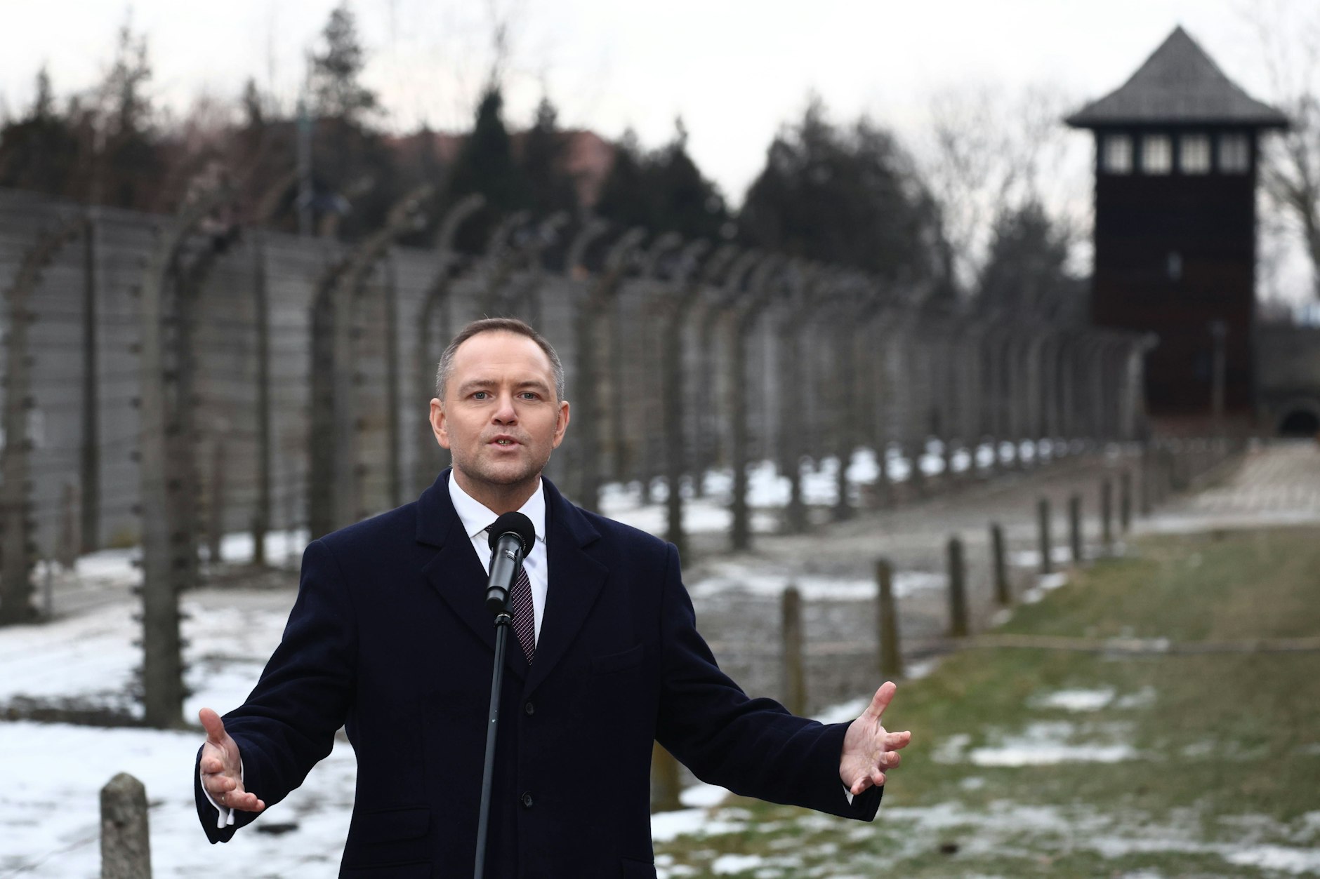 Polens Präsident Karol Nawrocki bei der Gedenkfeier am Dienstag im ehemaligen KZ Auschwitz