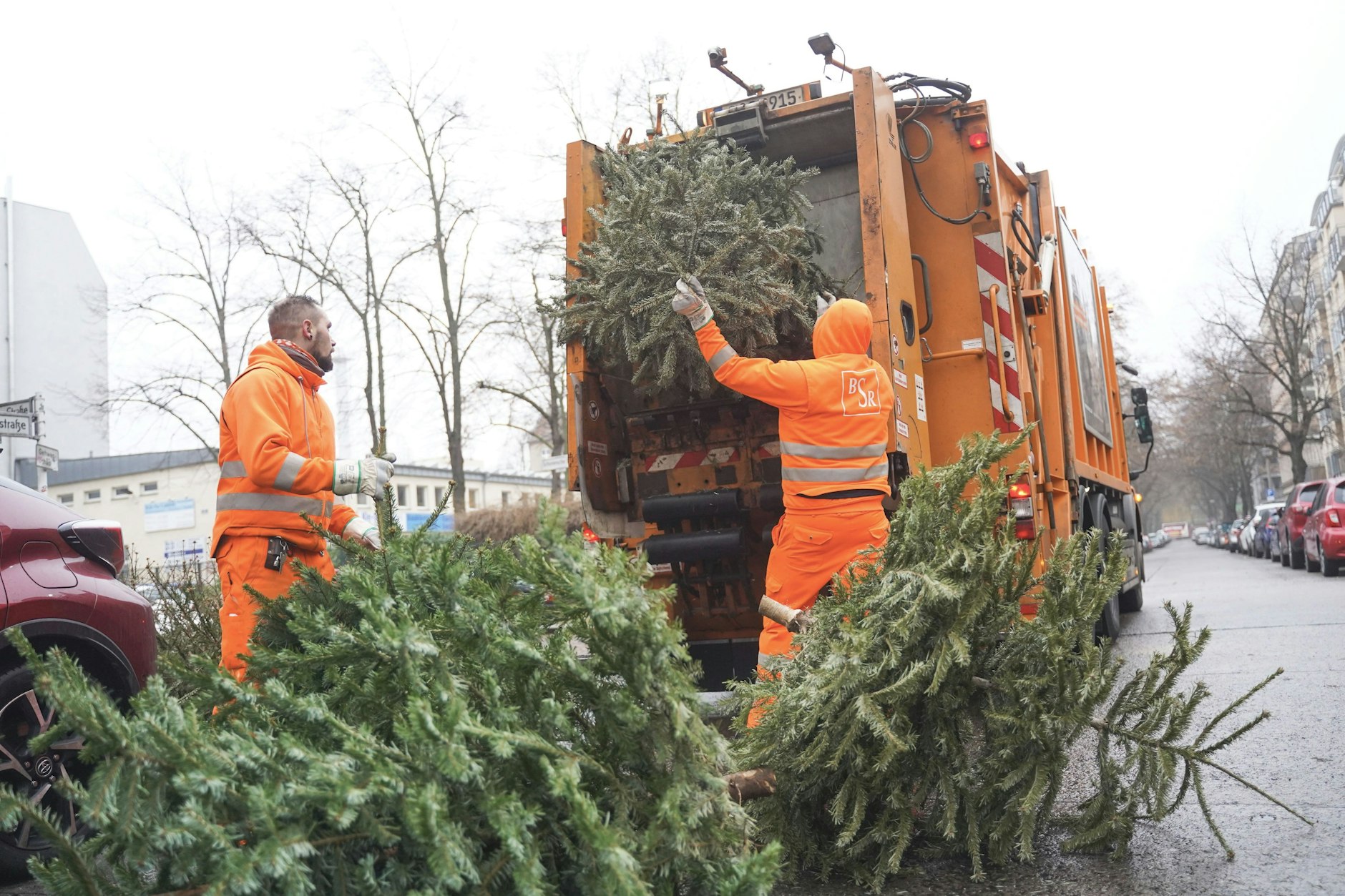 Die BSR holt Weihnachtsbäume ab.