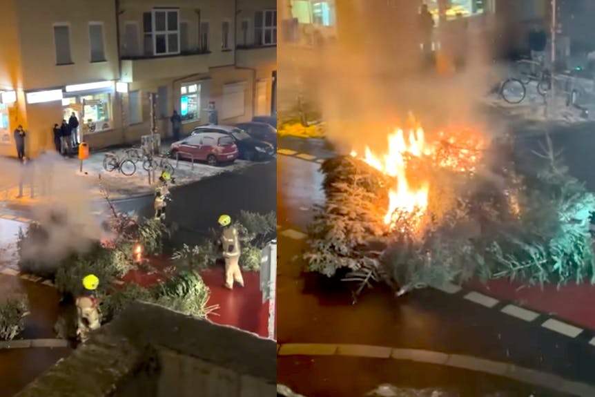 An der Kreuzung Rigaer Straße und Liebigstraße brennen Weihnachtsbäume. Die Aktion wurde laut Anwohnern sogar angekündigt.