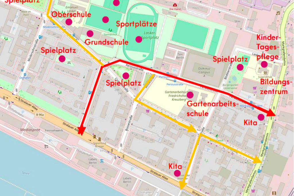 Der Laskerkiez in der Grafik, die rot eingezeichnete Strecke ist die Persiusstraße, sie soll verkehrsberuhigt werden. 