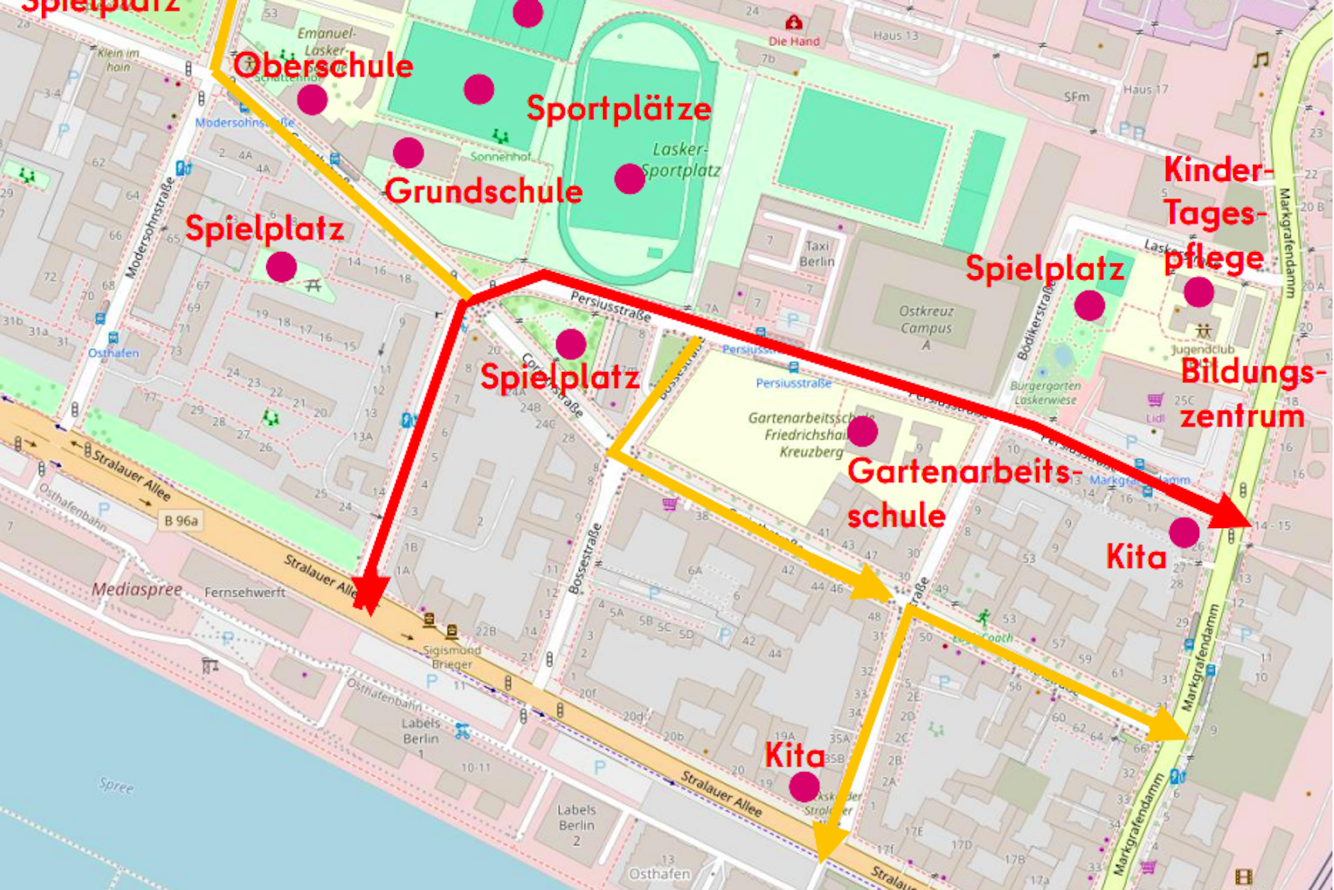 Der Laskerkiez in der Grafik, die rot eingezeichnete Strecke ist die Persiusstraße, sie soll verkehrsberuhigt werden.