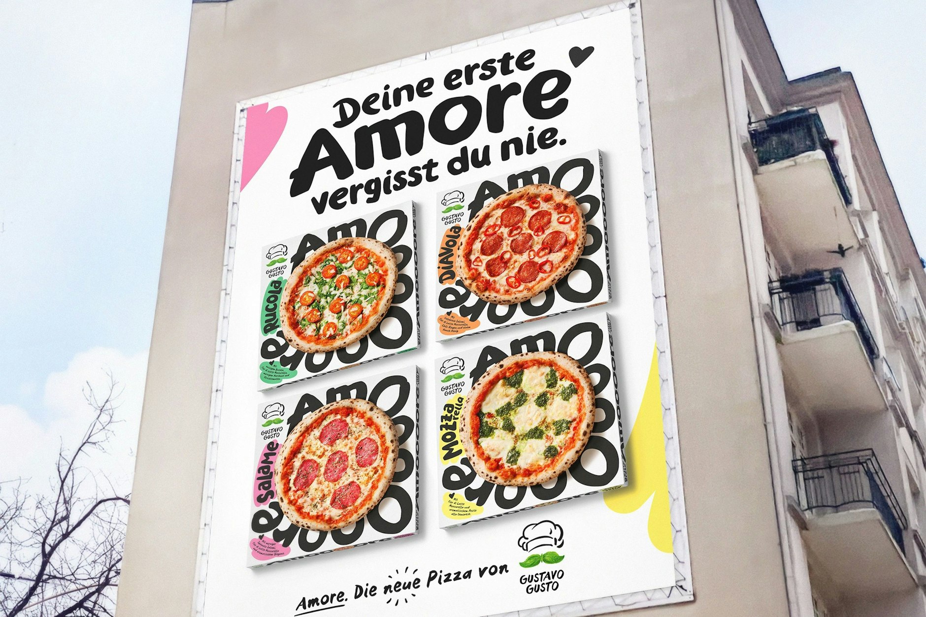 Mit Plakaten wirbt Gustavo Gusto für Tiefkühl-Pizza.