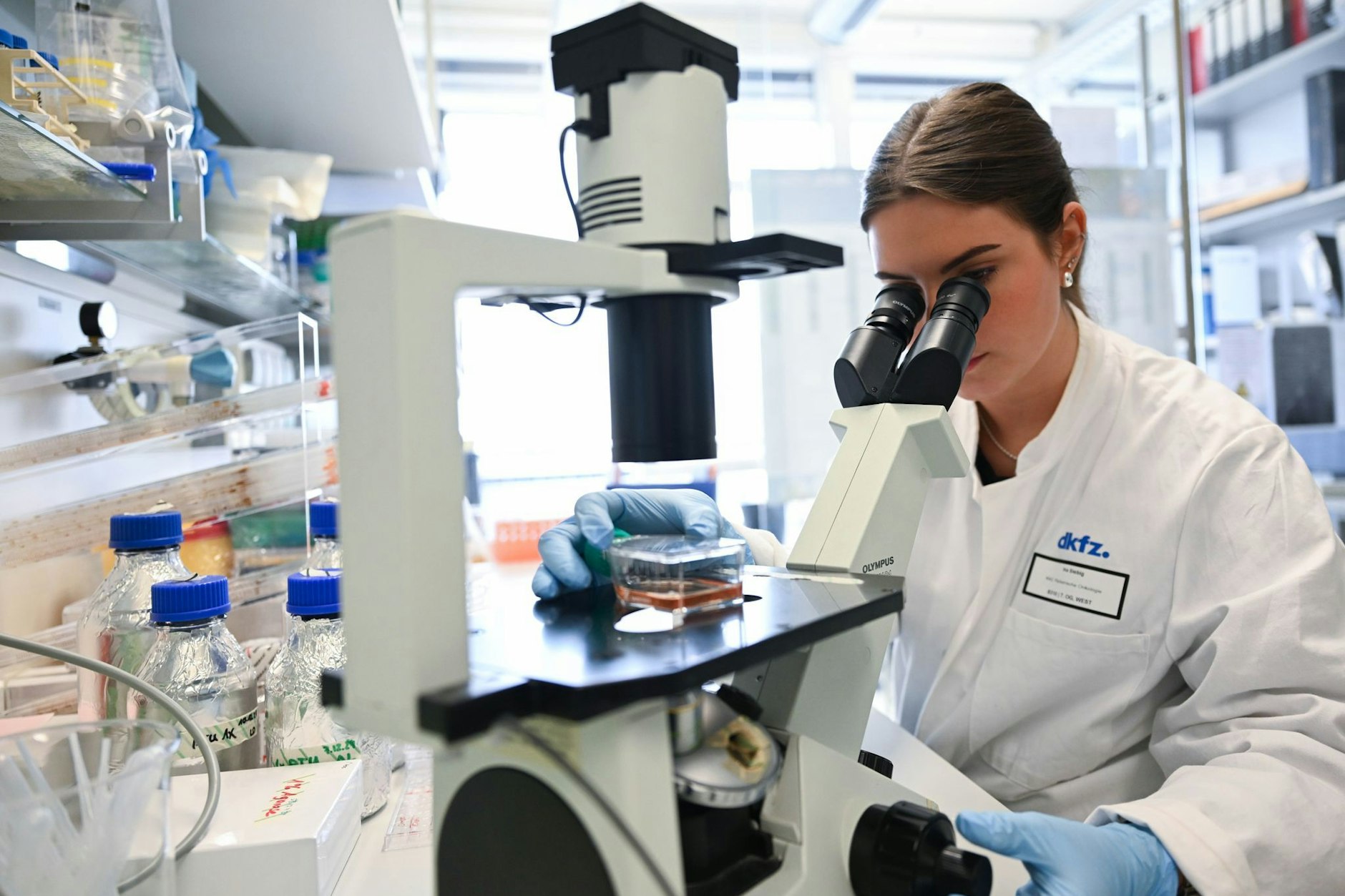Eine Mitarbeiterin des Deutschen Krebsforschungszentrum bearbeitet in einem Labor unter dem Mikroskop eine Probe.