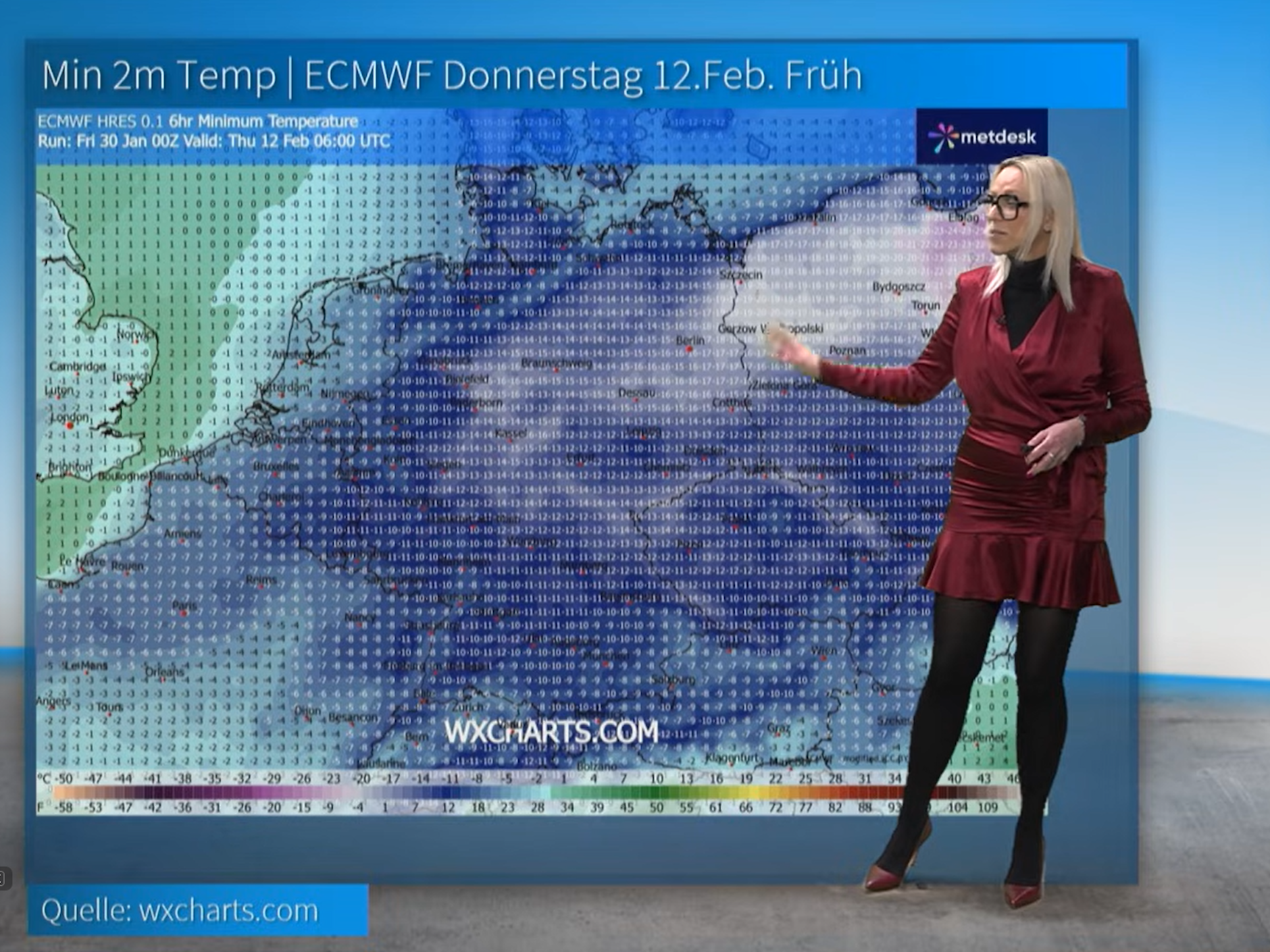 Meteorologin Kathy Schrey von wetter.net zeigt auf die Kaltfront, die Deutschland treffen soll. Mit Temperaturen bis zu minus 20 Grad.