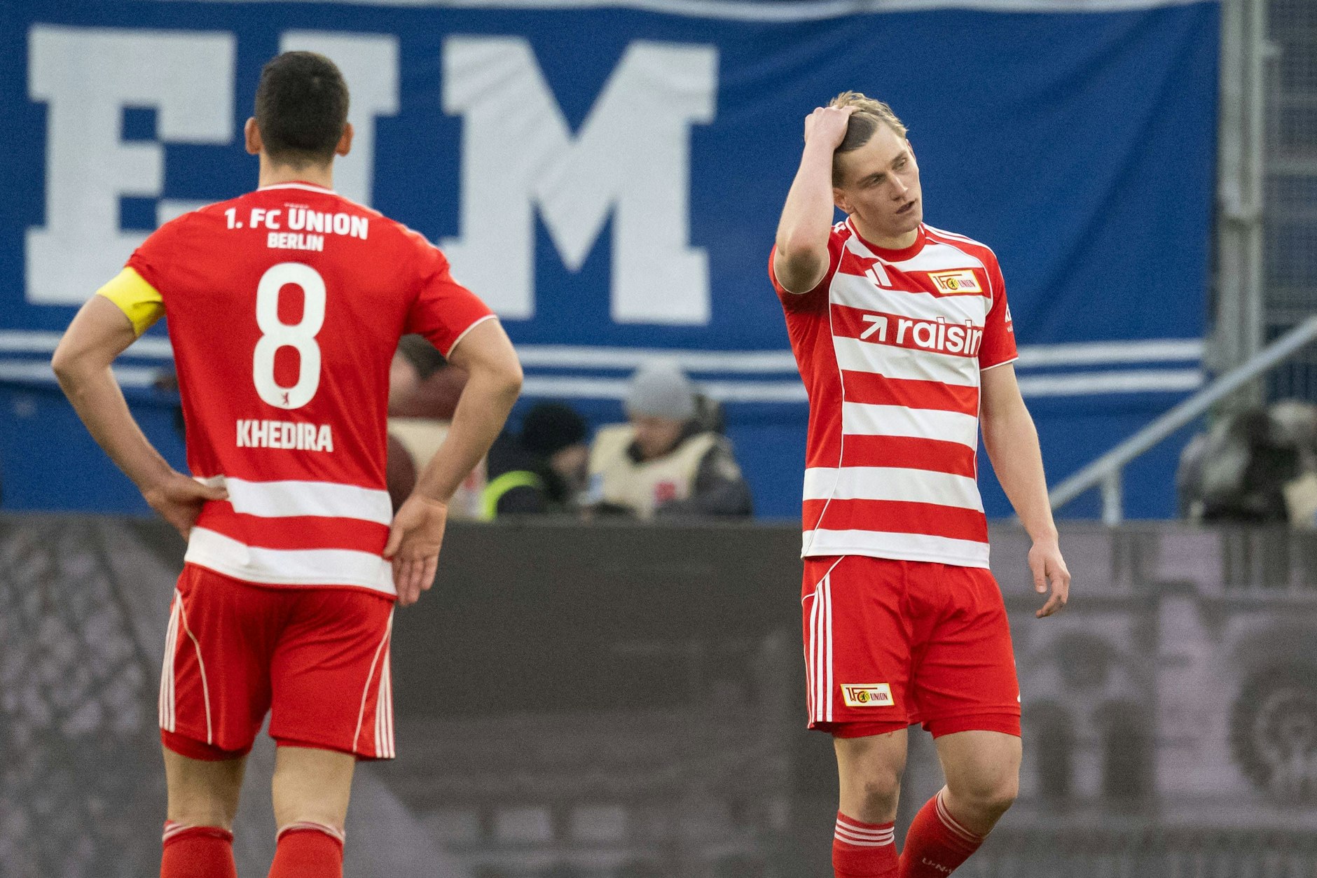 Die beiden Union-Stars Aljoscha Kemlein und Rani Khedira sind nach dem Tor der TSG Hoffnenheim zum 0:3 maximal bedient.