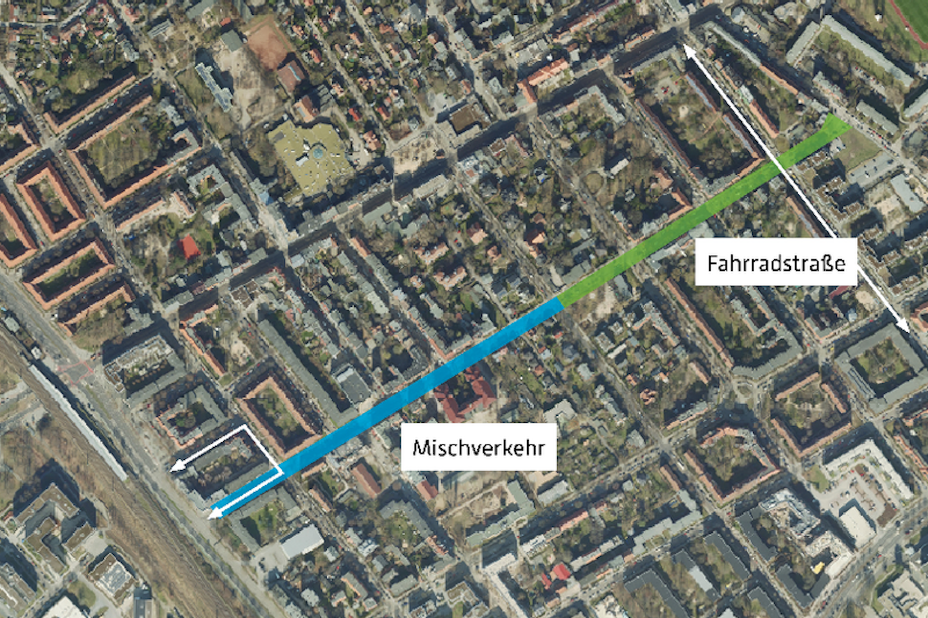Der vordere Teil (blau) der Radickestraße bleibt Durchgangsstraße, der hintere Teil (grün) wird zur Fahrradstraße.