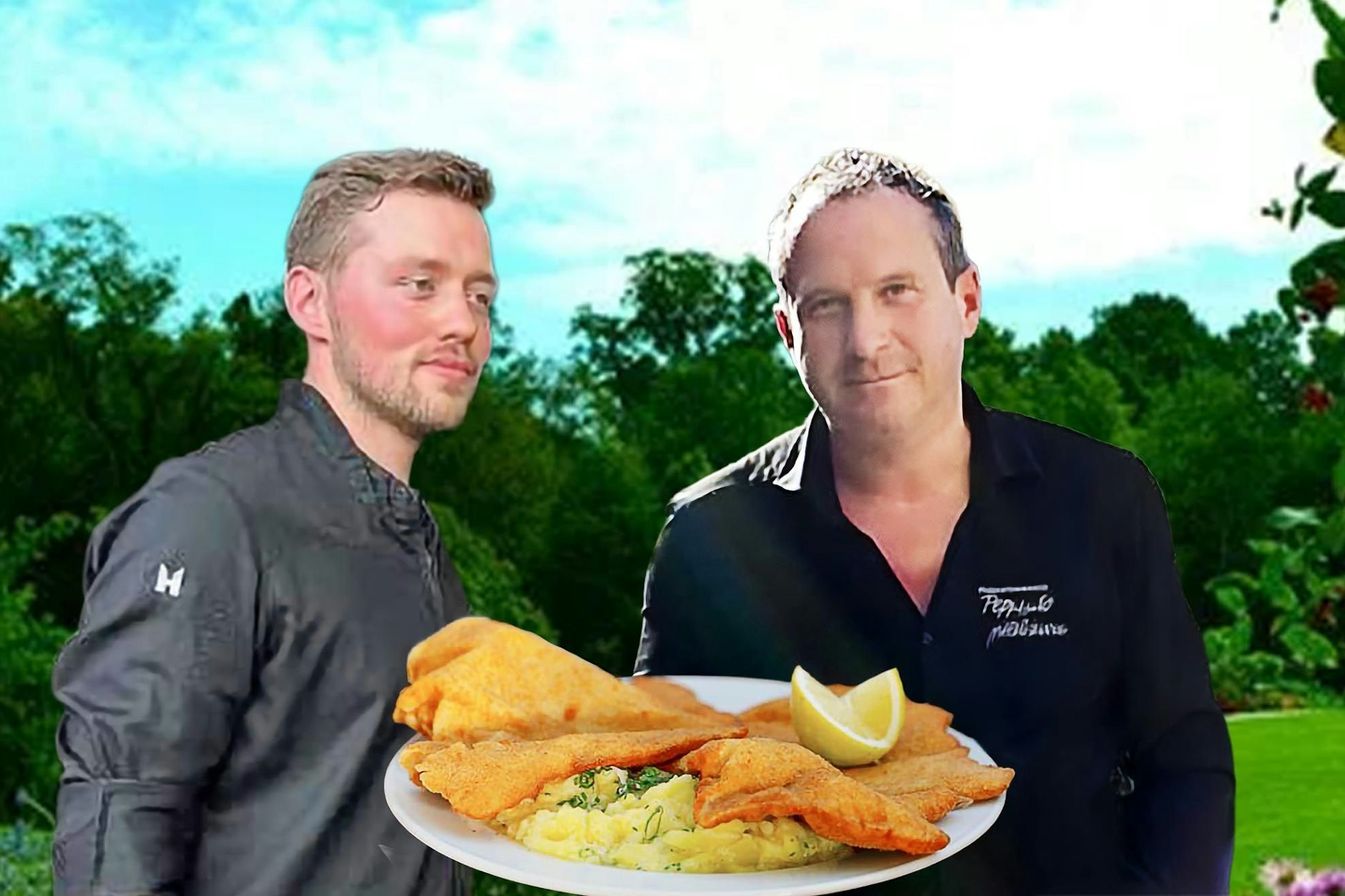 Alexander Knelle (links) und Stefan Lercher konkurrieren darum, wer das teuerste Wiener Schnitzel macht.