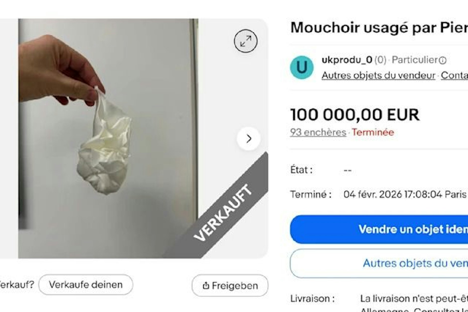 Hier steht es Schwarz auf Weiß: Für 100.000 Euro wurde das Taschentuch von Pierre Niney versteigert.