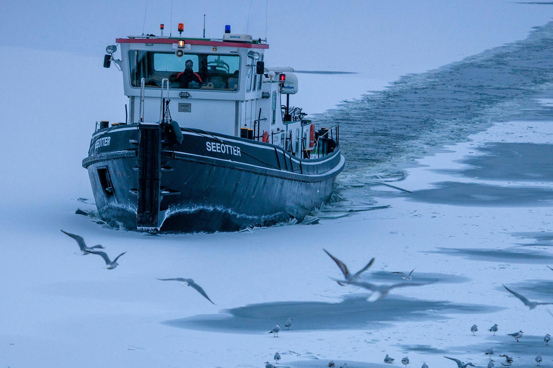 Der Eisbrecher „Seeotter“ fährt durch zugefrorene Flächen der Spree in der Rummelsburger Bucht.