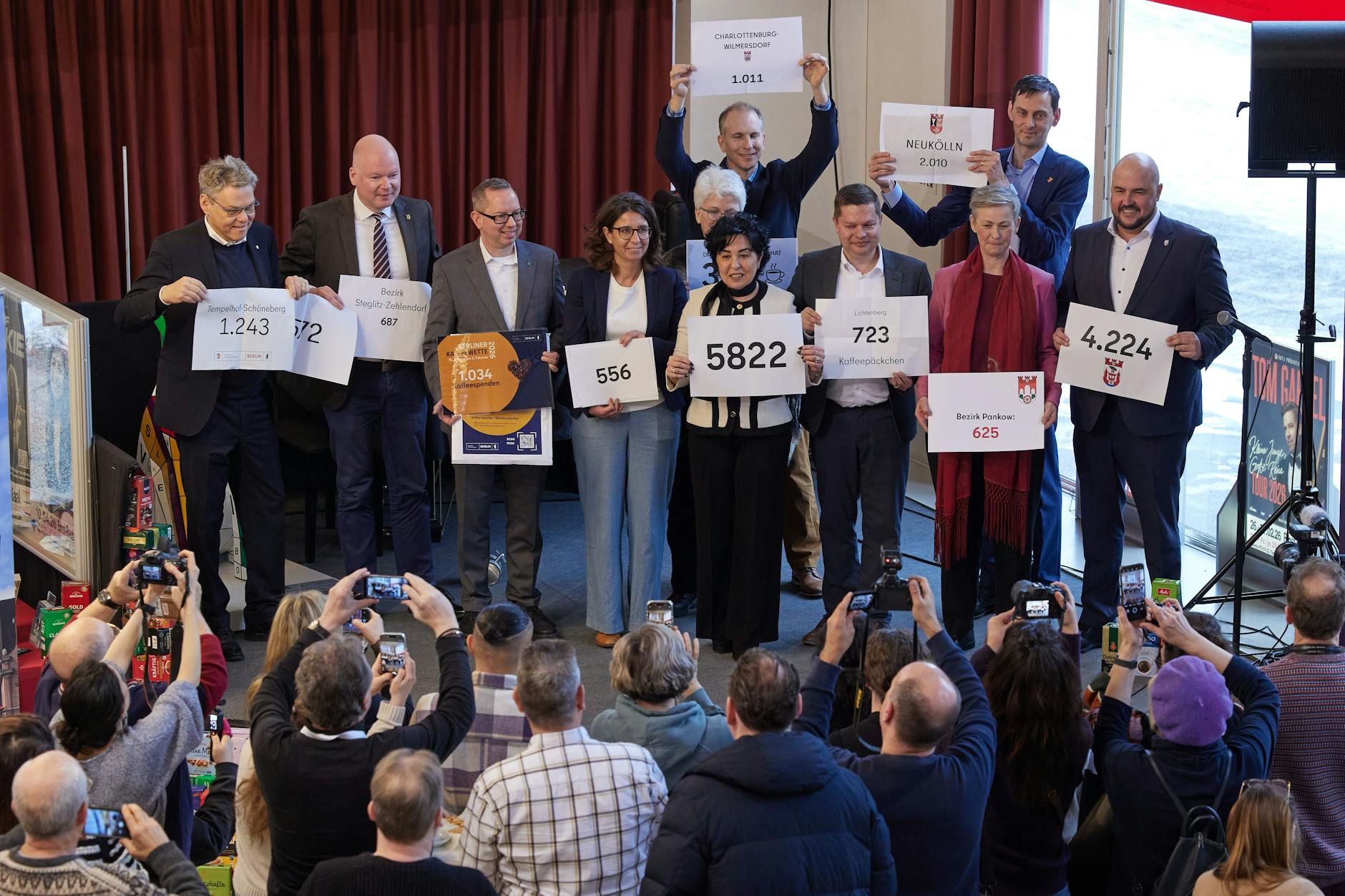 Die Berliner Bezirksbürgermeister feiern die Kaffeepakete, die Bürger und Bürgerinnen gespendet haben.