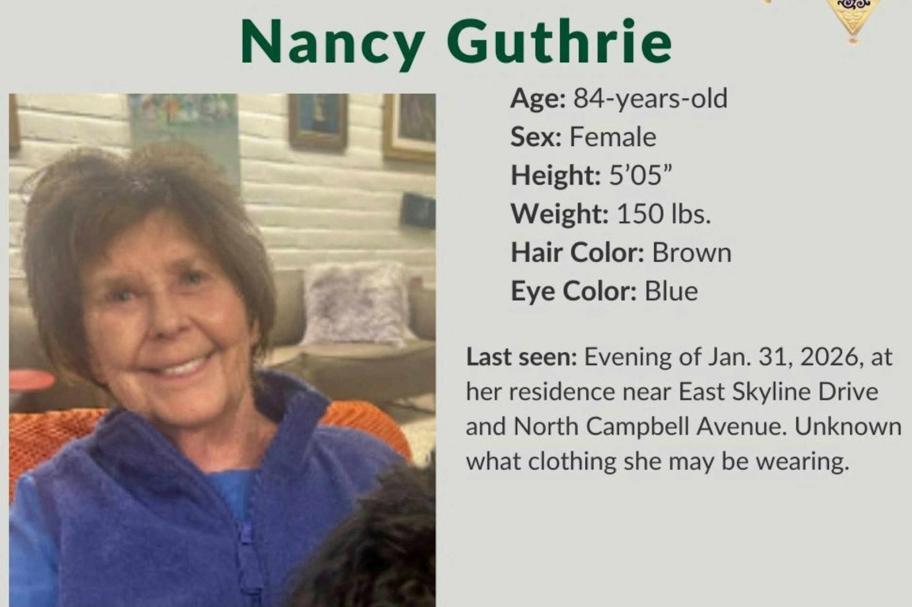 Die Polizei hat eine Vermisstenmeldung für Nancy Guthrie veröffentlicht