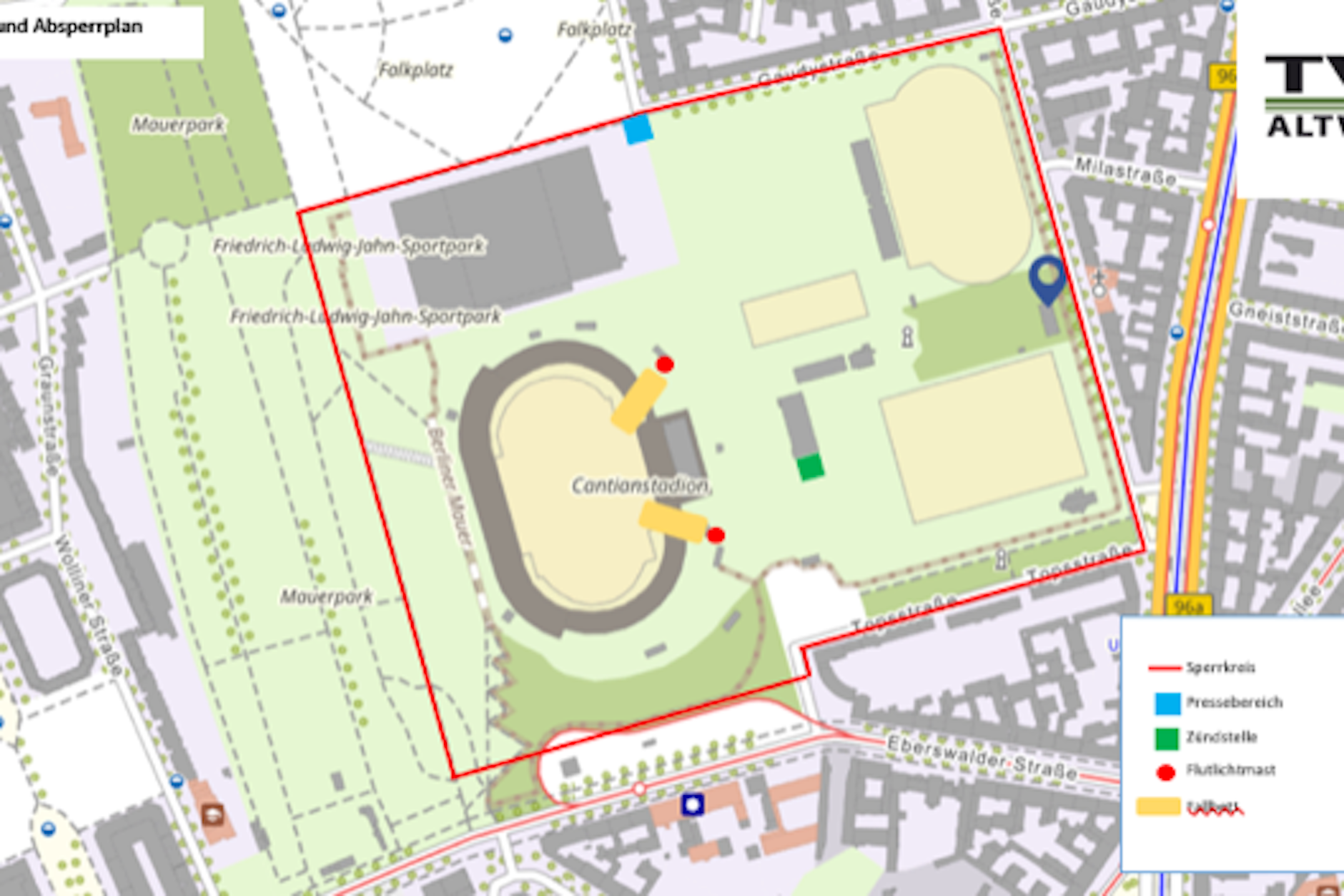 Sperrkreis am Jahnsportpark: Die rot markierten Punkte sind die Flutlichtmasten, die fallen sollen.