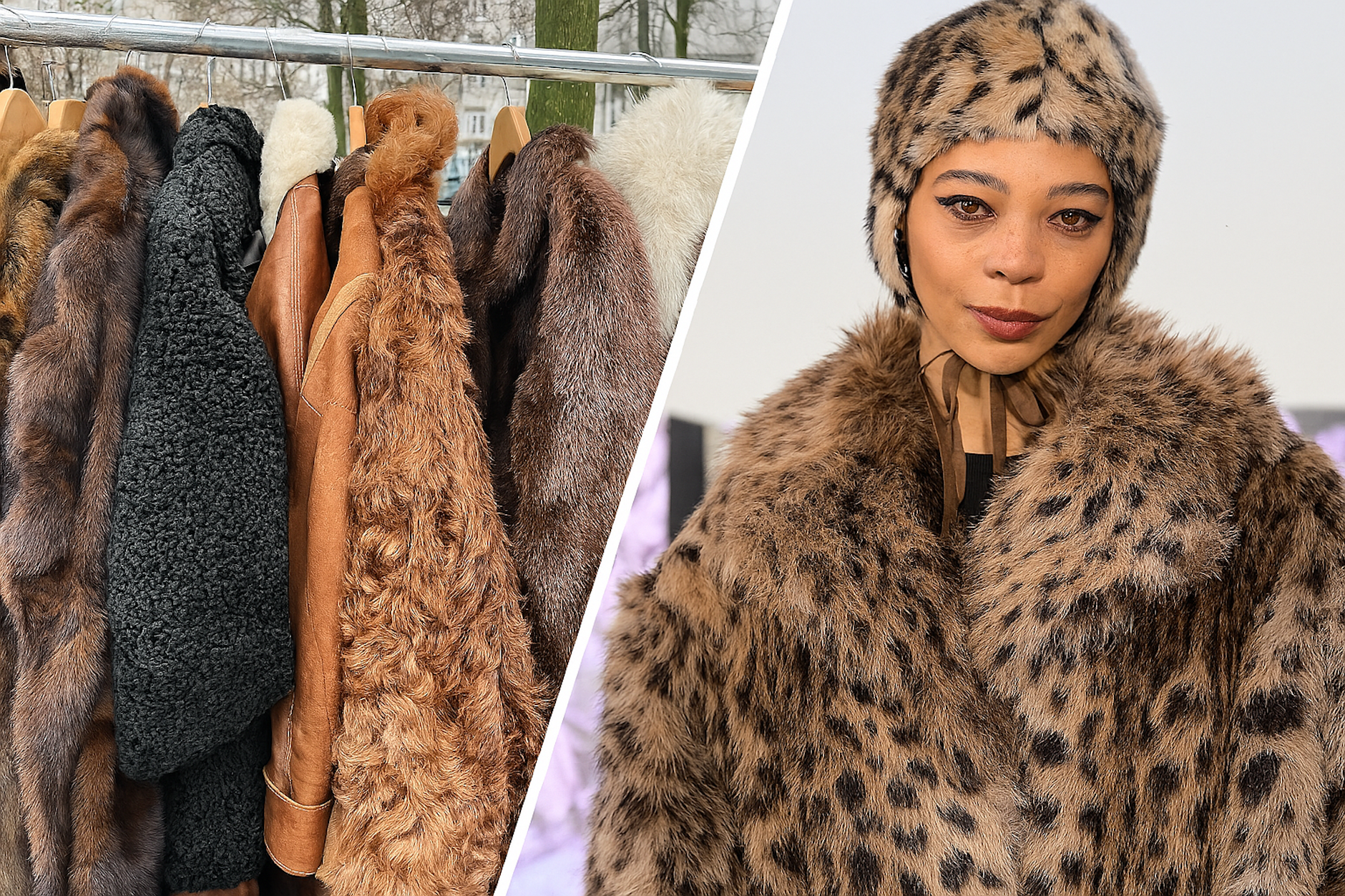 Pelze auf dem Flohmarkt Boxhagener Straße. Rechts: Die Schauspielerin Tanzyn Crawford trägt bei einer PR-Veranstaltung am 12. Januar 2026 in Berlin einen Wildkatzen-Mantel. 
