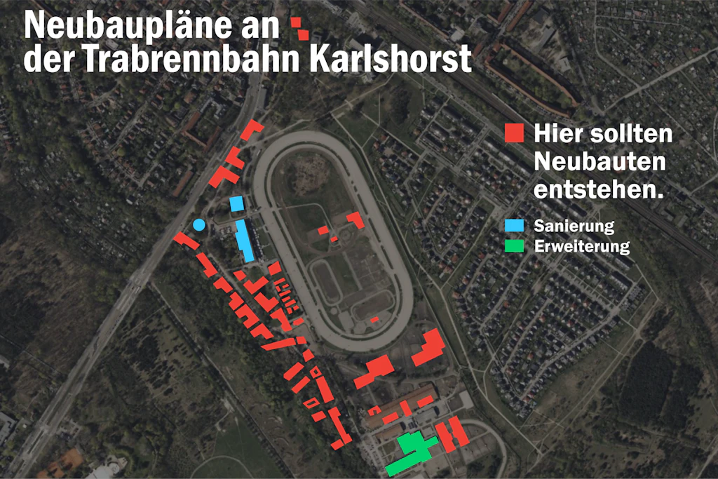 Der Bebauungsplan 11-178 sieht massiven Wohnungsbau (rot) in wertvollen Biotopen vor. Schon 2021 war klar, dass vor allem die Überbauung eines Waldstücks (links unterhalb des Traber-Ovals) nicht umsetzbar ist. An der Treskowallee (Schneise links) ist Wohnungsbau möglich.