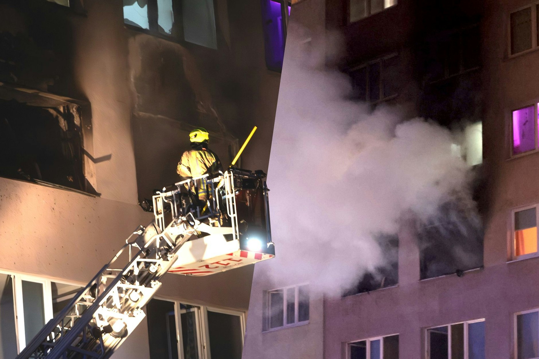 Einsatzkräfte der Feuerwehr mussten etliche Menschen aus dem brennenden Gebäude retten. aus dem Fenster eine rWohnung im dritten Obergeschoss quoll dichter Rauch.