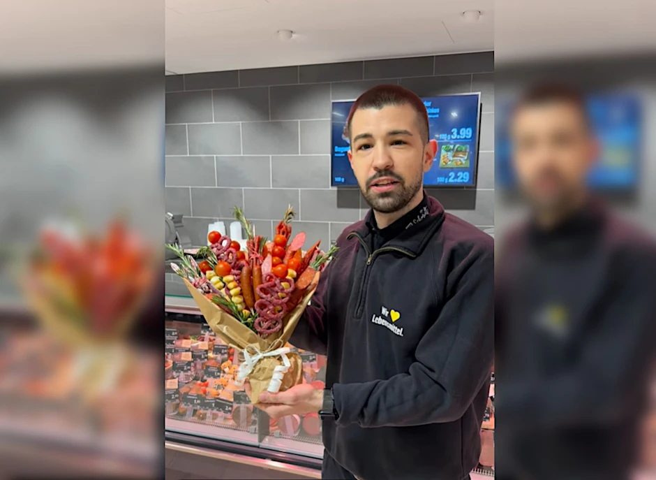 Im Edeka Schmidt in Neu-Isenburg kann man zum Valentinstag Wurst-Sträuße bestellen.