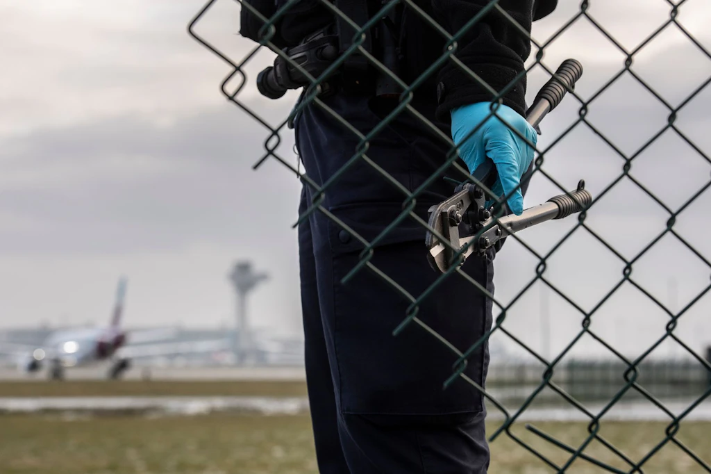 Eine Beamtin der Bundespolizei steht 2022 mit einem sichergestellten Bolzenschneider an einem Zaun am BER. 