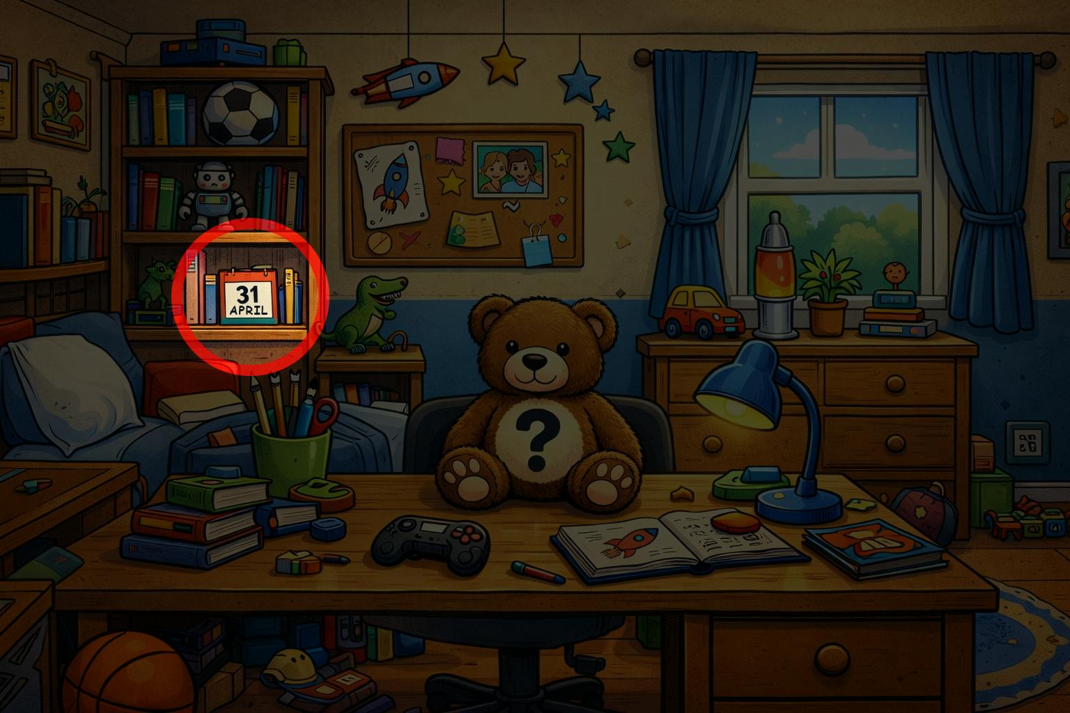 Die Lösung für unser Suchbild: Im Regal in der Ecke versteckt sich ein Kalender, der den 31. April anzeigt. Das gibt's doch gar nicht!