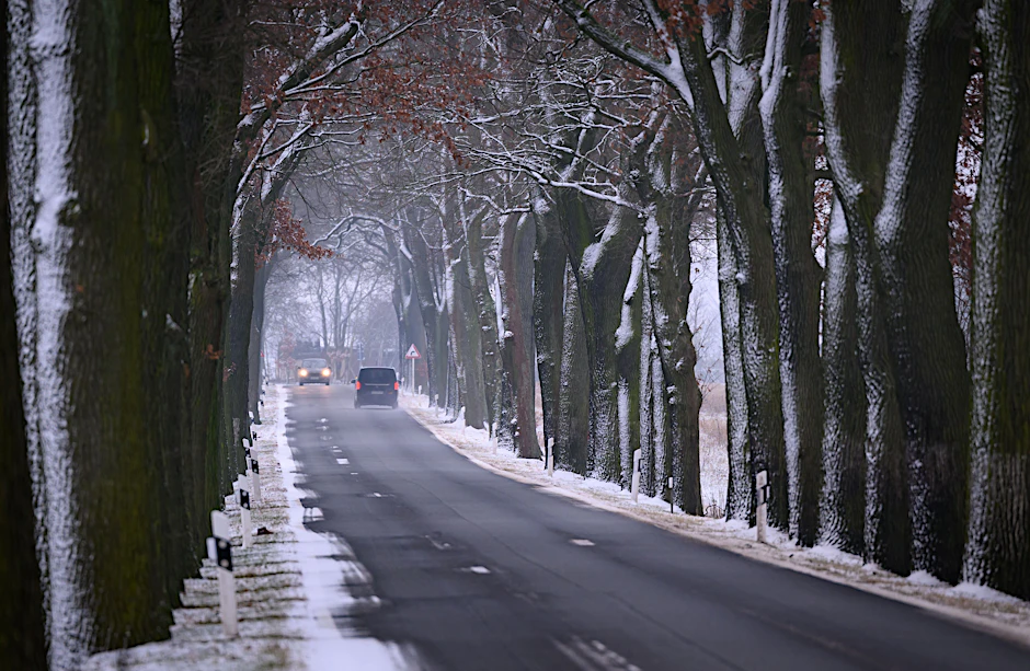 Am Montag ziehen wieder Schneewolken Richtung Osten. Dann droht auch wieder Glätte wie auf dieser Landstraße im brandenburgischen Sieversdorf.
