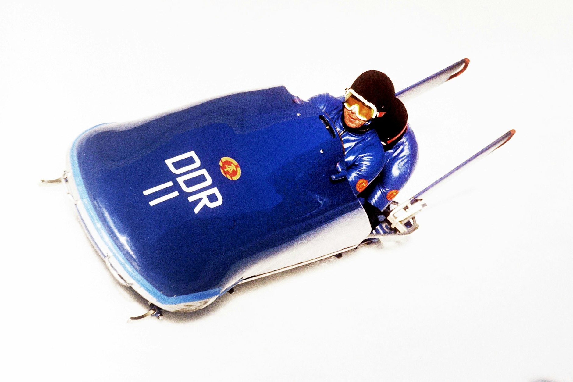 Bob-Pilot Meinhard Nehmer und Anschieber Bernhard Germeshausen bei den Olympischen Spielen 1976 in Innsbruck.