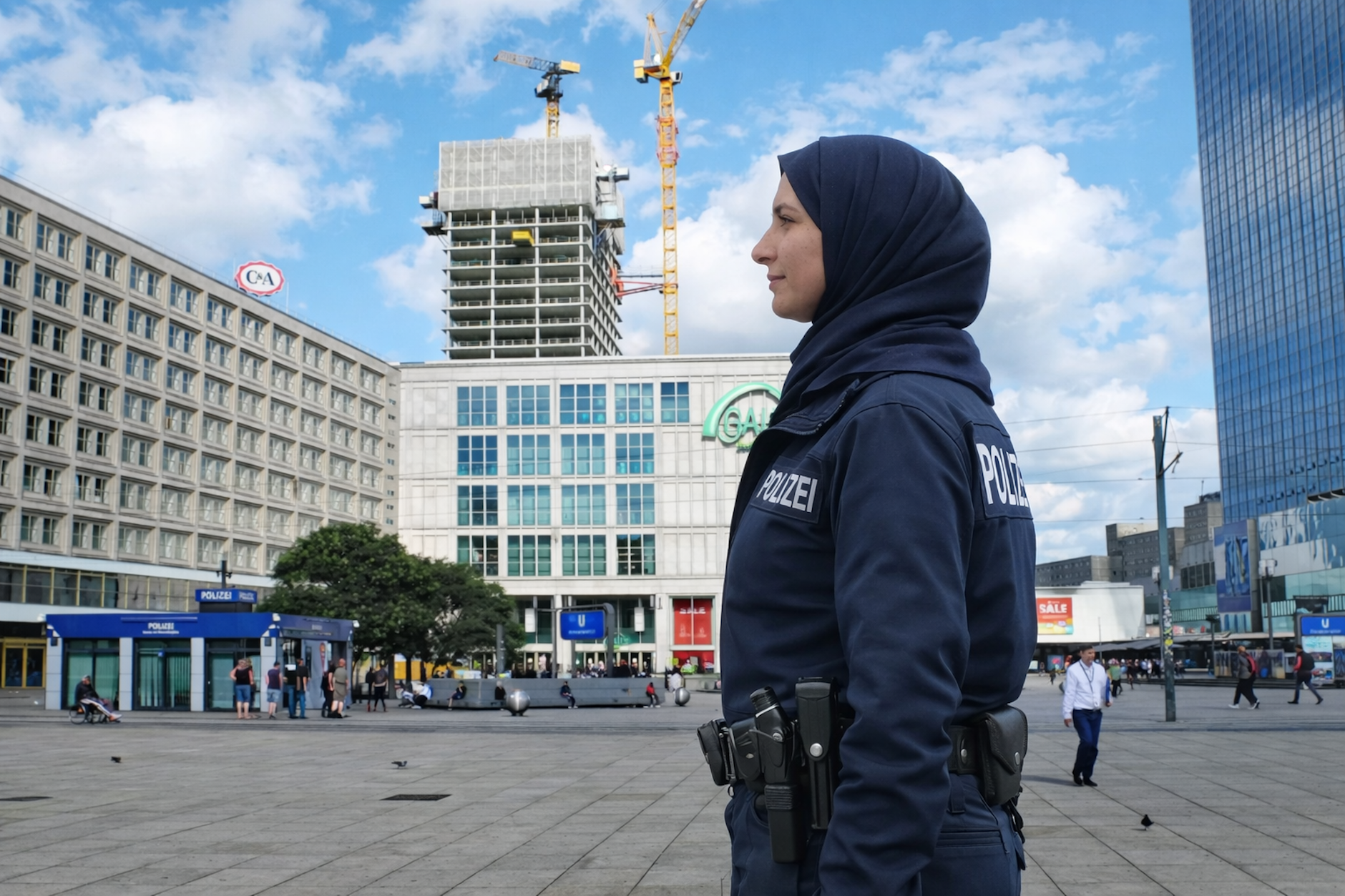 So könnte es aussehen: Eine Polizistin mit Kopftuch steht auf dem Alexanderplatz in Berlin (KI-generiert).