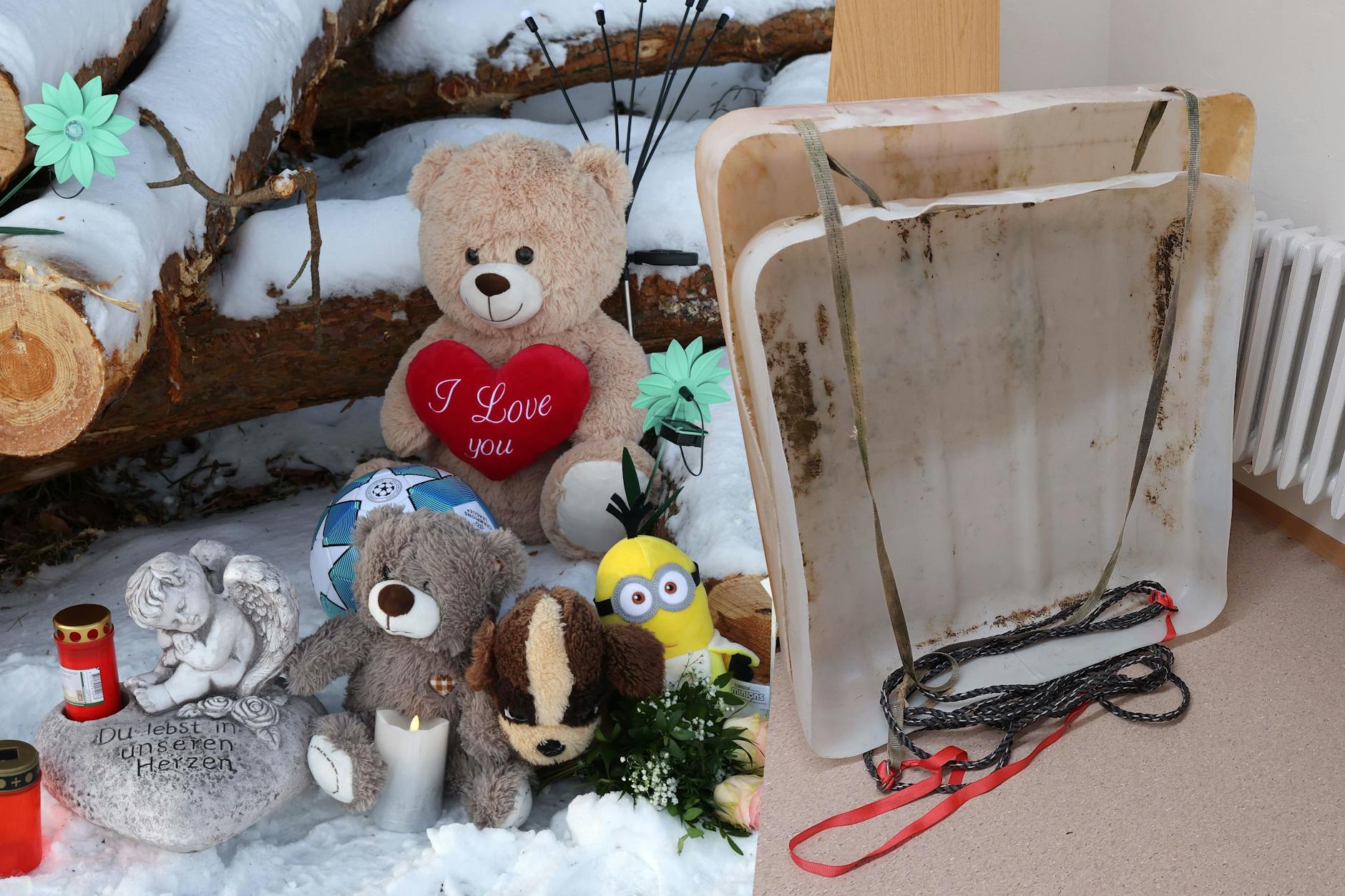 Links: an der Unfallstelle erinnern Stofftiere an den verstorbenen Jungen (11). Rechts: Der selbstgebaute Schlitten.