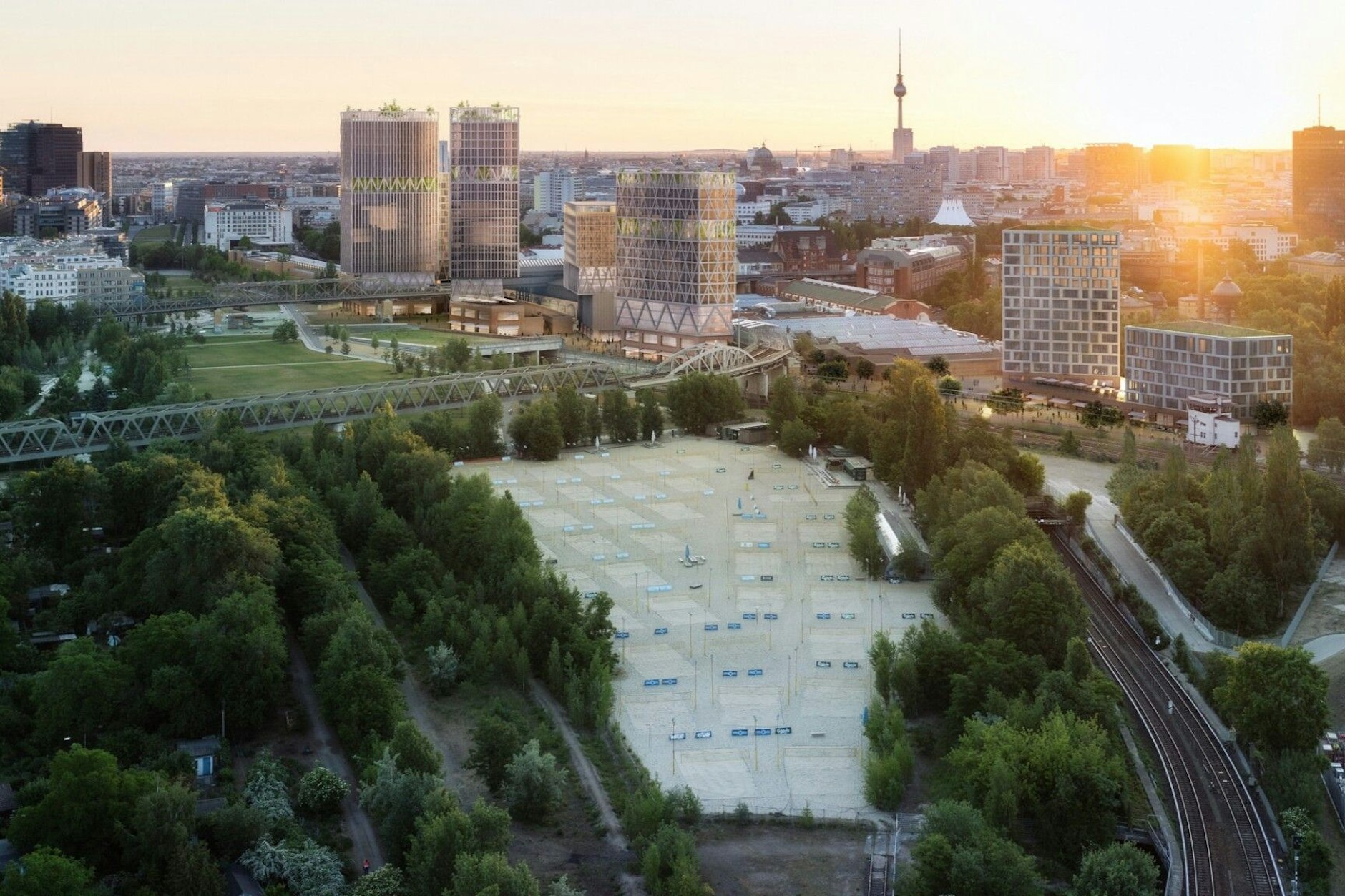 So soll die „Urbane Mitte“ am Gleisdreieck einmal aussehen. Der südliche Teil (die beiden rechten Gebäude) ist nun fast in trockenen Tüchern.