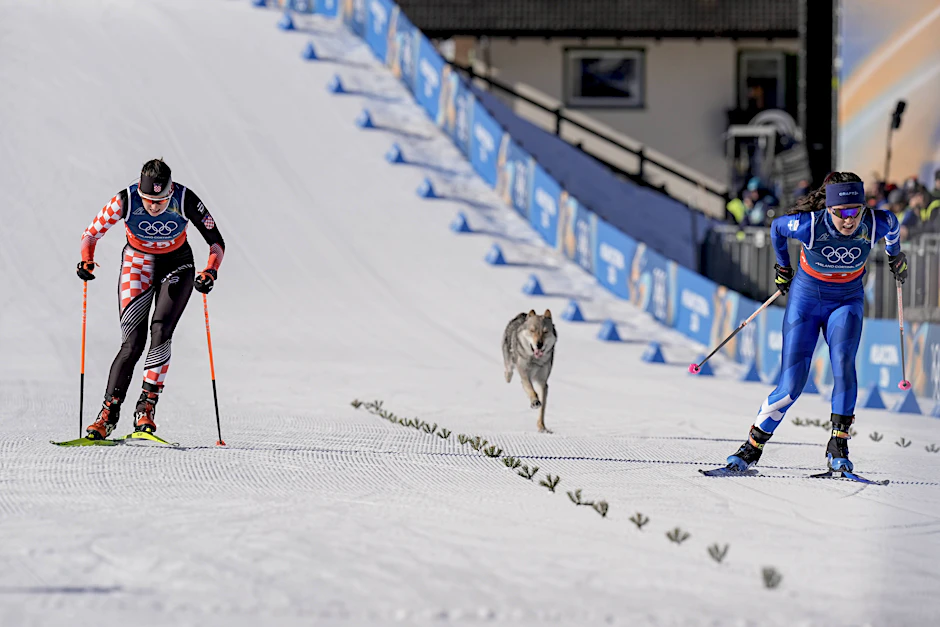 Irrer Anblick bei Olympia: Die Kroatin Tena Hadzic (l.) und Griechin Konstantina Charalampidou werden im Team Sprint von einem Hund verfolgt.