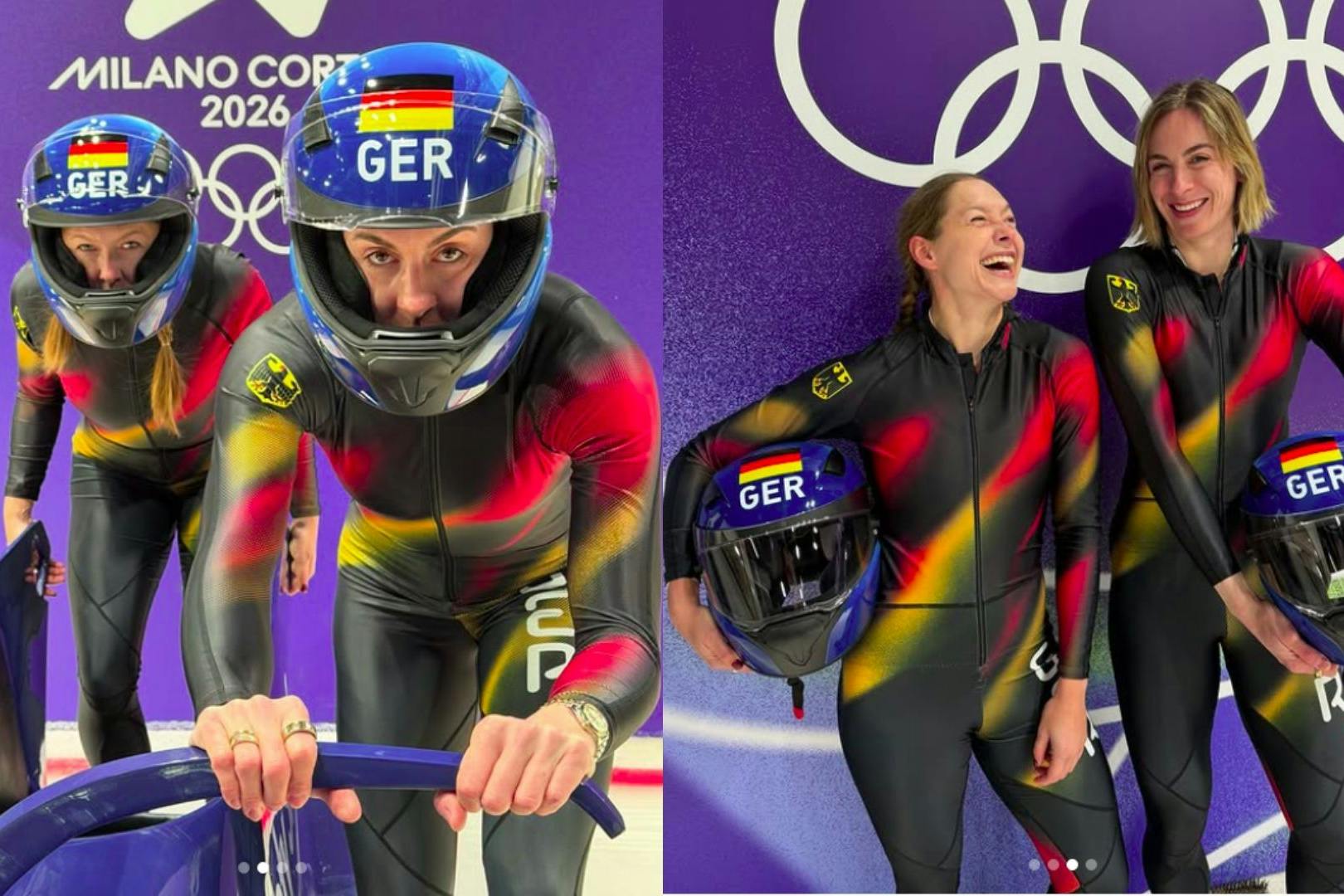 Sprintstar Gina Lückenkemper und Alexandra Burckhardt zeigen sich gut gelaunt im olympischen Eiskanal.