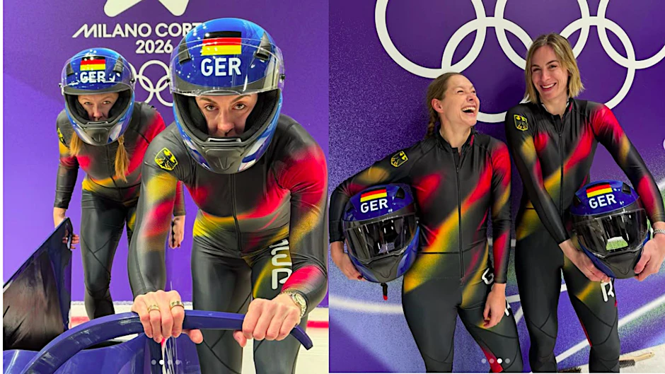 Sprintstar Gina Lückenkemper und Alexandra Burckhardt zeigen sich gut gelaunt im olympischen Eiskanal.
