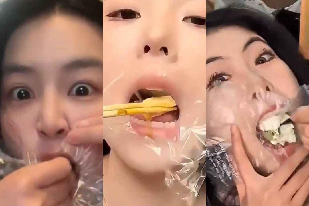 In sozialen Netzwerken zeigen junge Frauen aus China, wie sie Essen in Plastikfolie verpacken und darauf herumkauen.