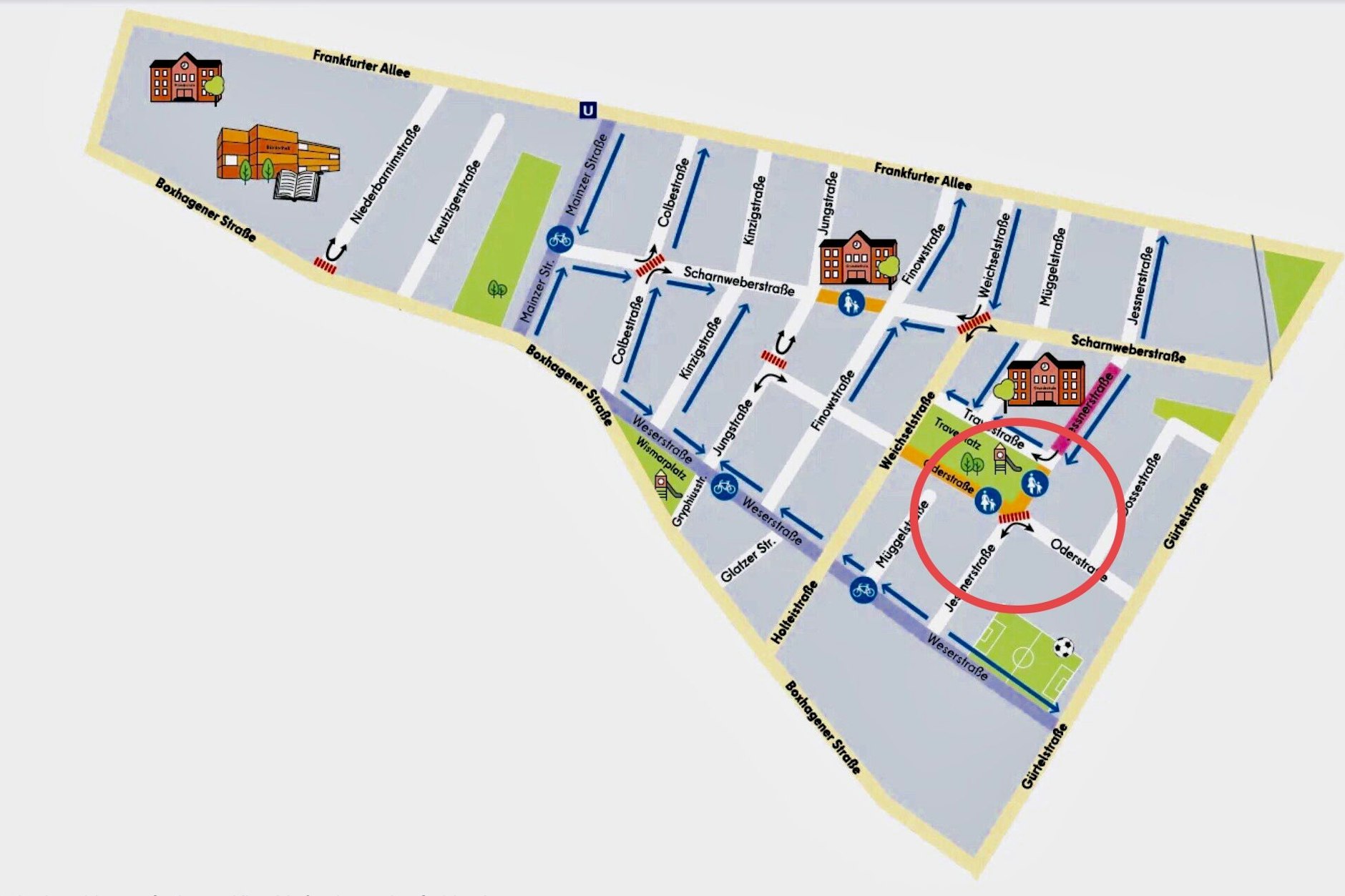 Am Traveplatz wird der Verkehr beruhigt, die Poller kommen (siehe Kreis).