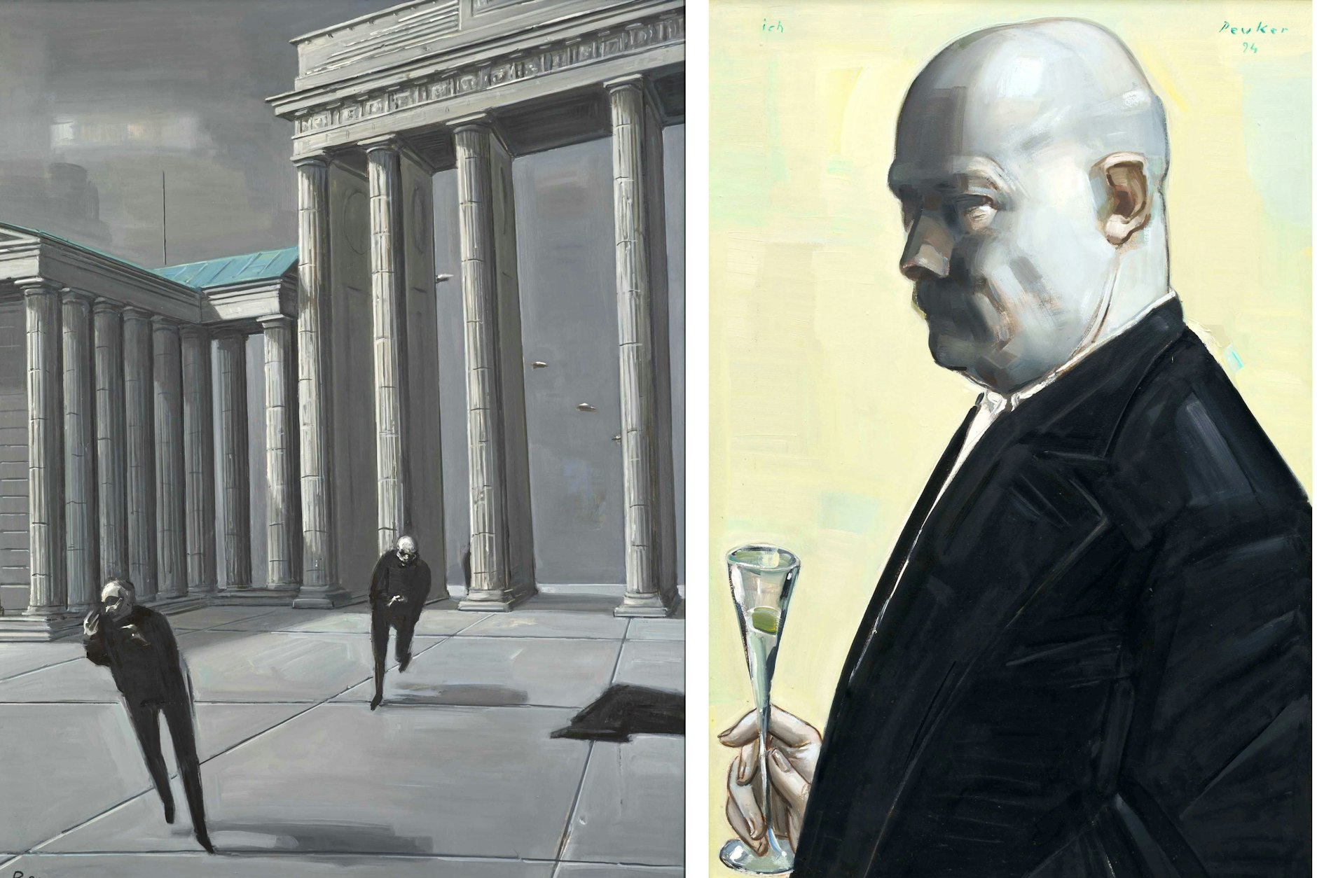 Wolfgang Peuker: „Pariser Platz II“, 1990, Öl/Hartfaser und „Ich“, 1994 , Öl/Hartfaser, aus dem Besitz der Kunstsammlung der Berliner Volksbank