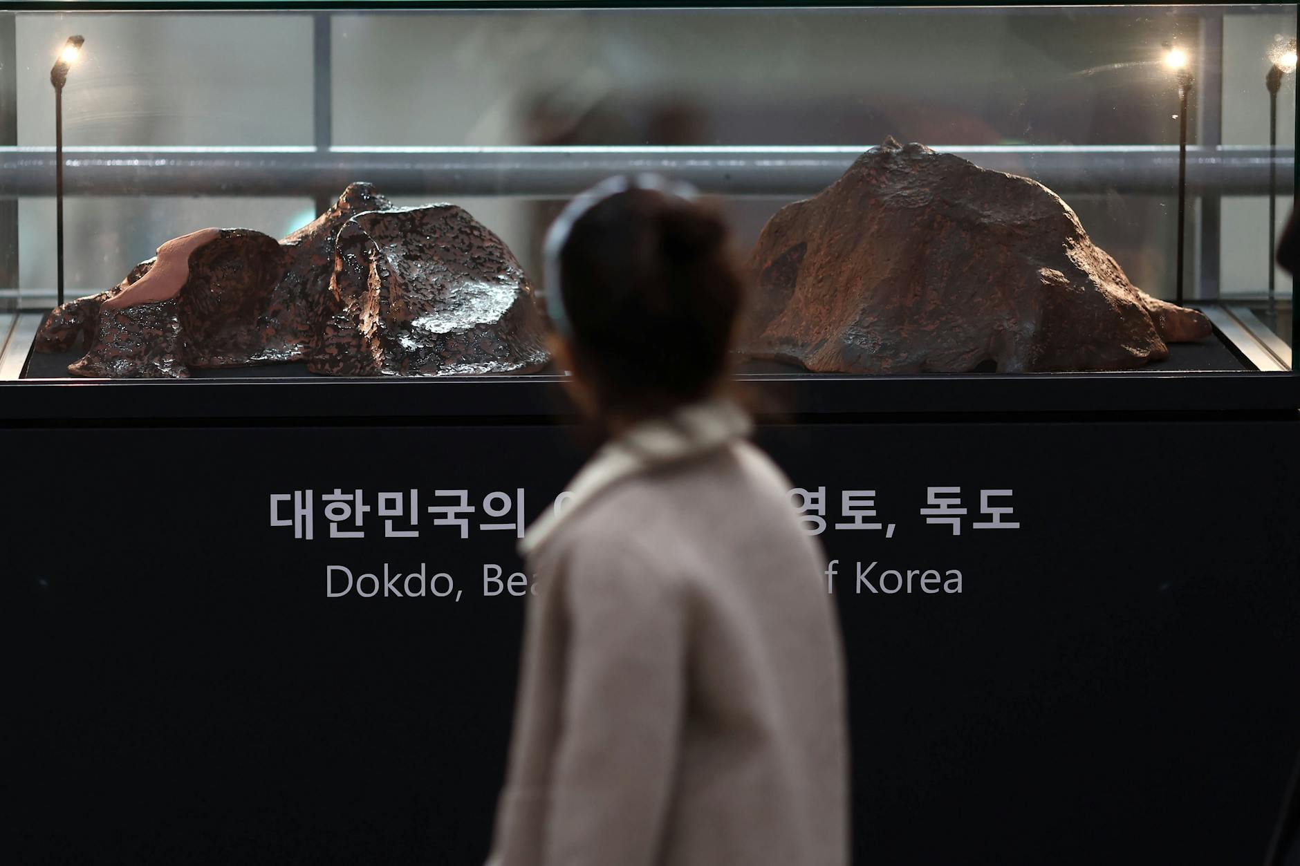 Eine Person läuft im Jahr 2024 an einem Modell der Inselgruppe in einem Park in Seoul vorbei.