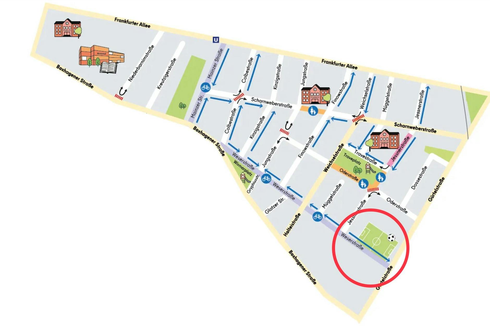 Um diesen Abschnitt der Weserstraße (siehe Kreis) geht es in Friedrichshain.