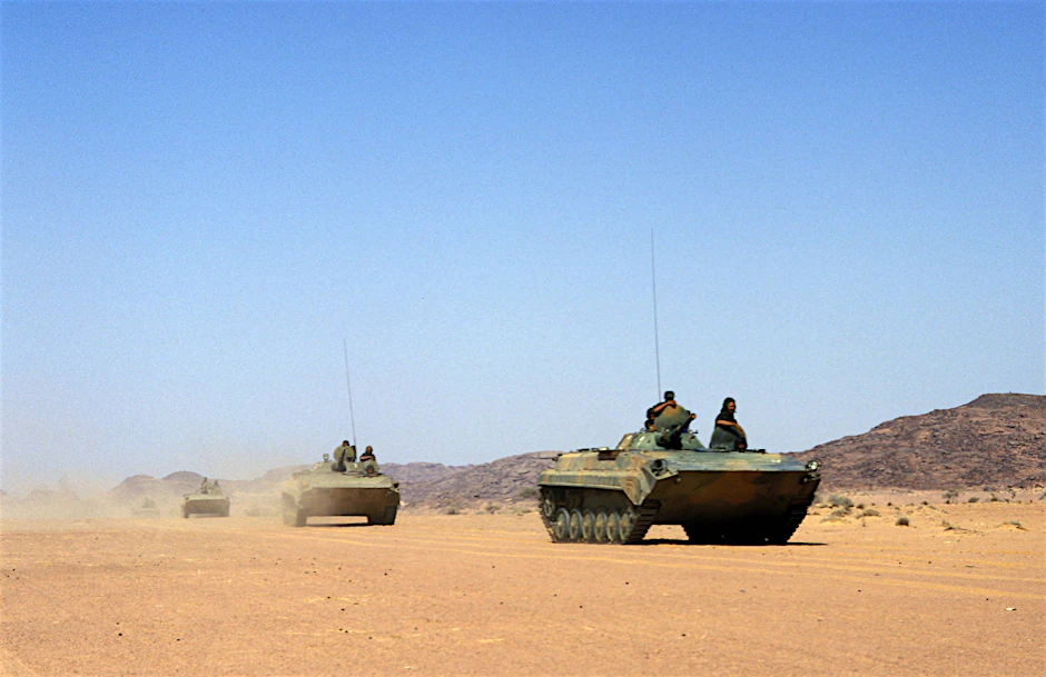Sahrauische Polisario-Kämpfer bei einem Militärmanöver in der Wüste der Westsahara, Juni 2001.
