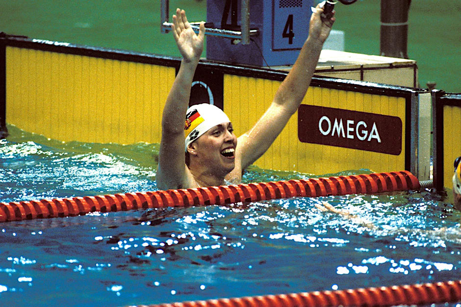 DDR-Schwimmerin Kathleen Nord jubelt über Gold über 200 m Schmetterling bei den Olympischen Spielen 1988.