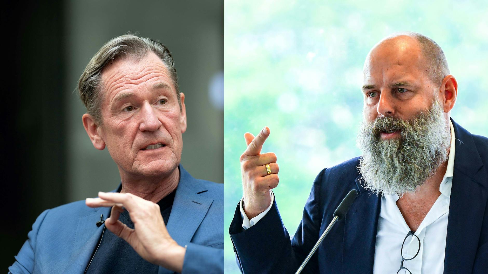 Mathias Döpfner (l.), Vorstandsvorsitzender der Axel Springer SE, und Verleger Holger Friedrich teilen sich ein Podium.