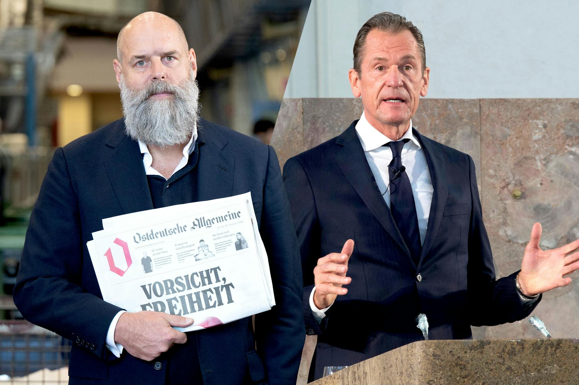 Holger Friedrich, Verleger von Berliner Zeitung, Berliner KURIER und der Ostdeutschen Allgemeinen Zeitung trifft im Theater Ost auf Springer-Vorstandschef Mathias Döpfner